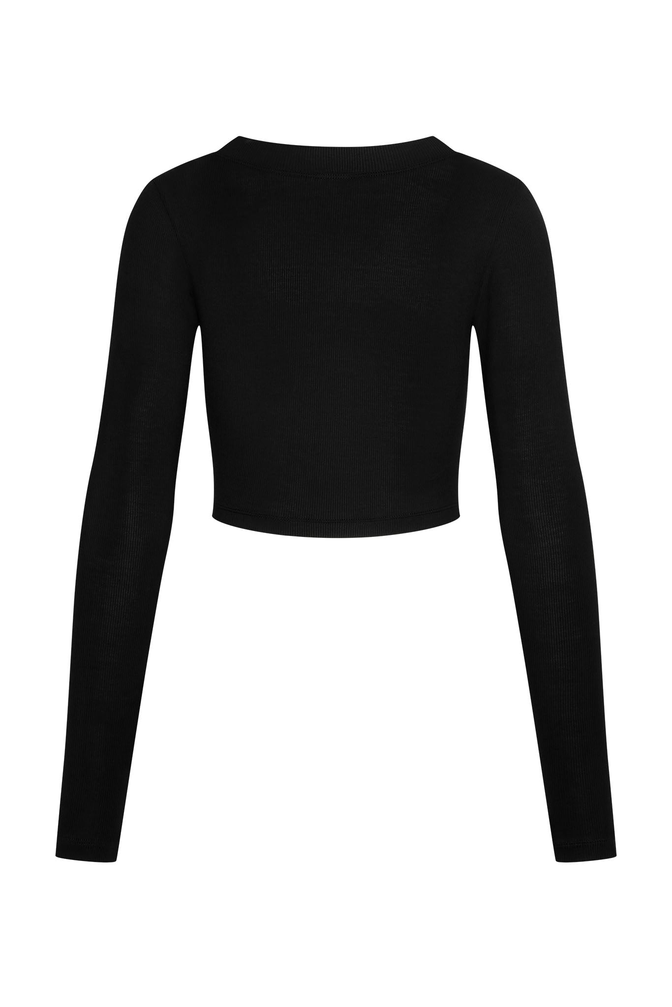 Back view of black ribbed long-sleeve cropped top
