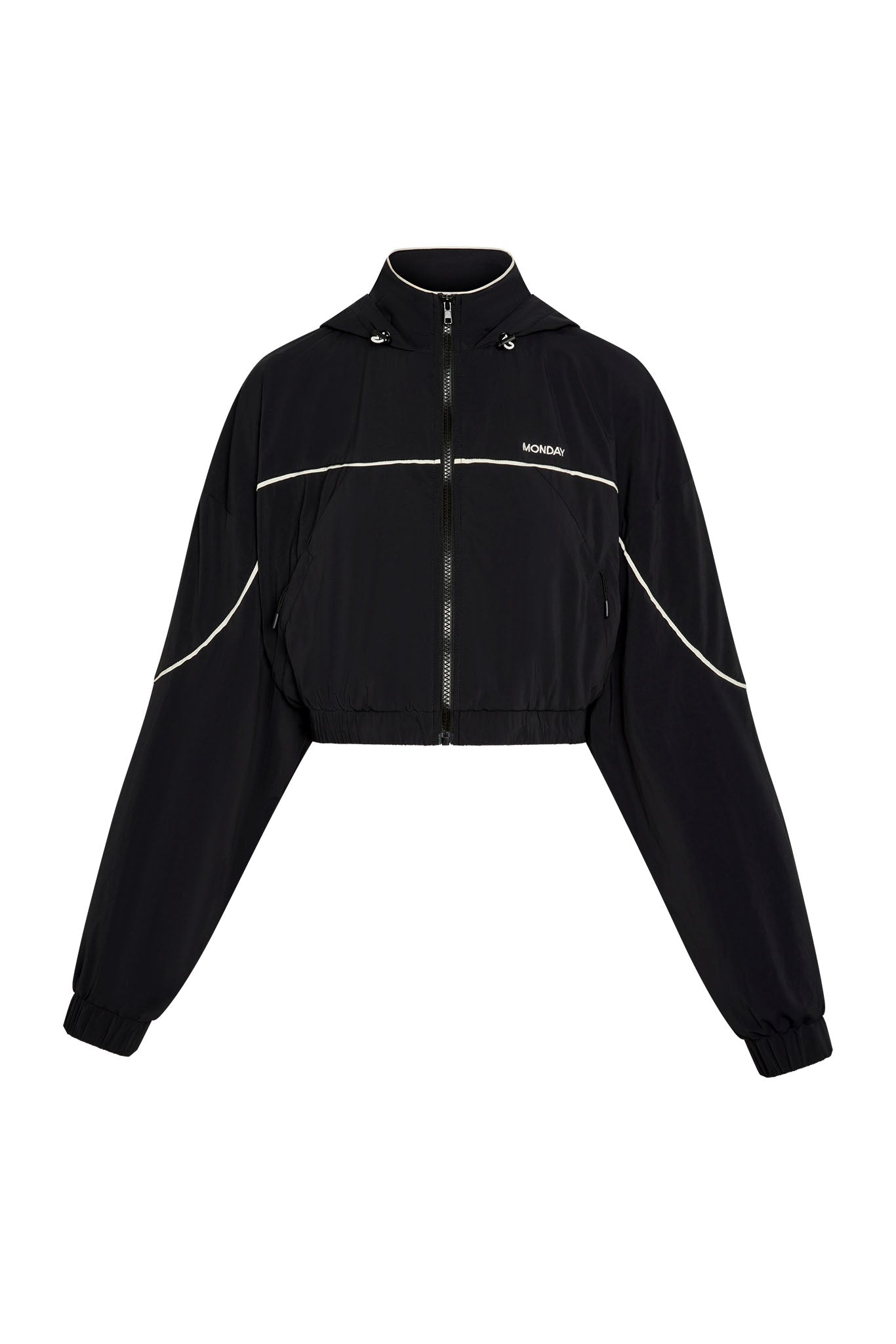 Cropped black jacket with white piping and MONDAY logo
