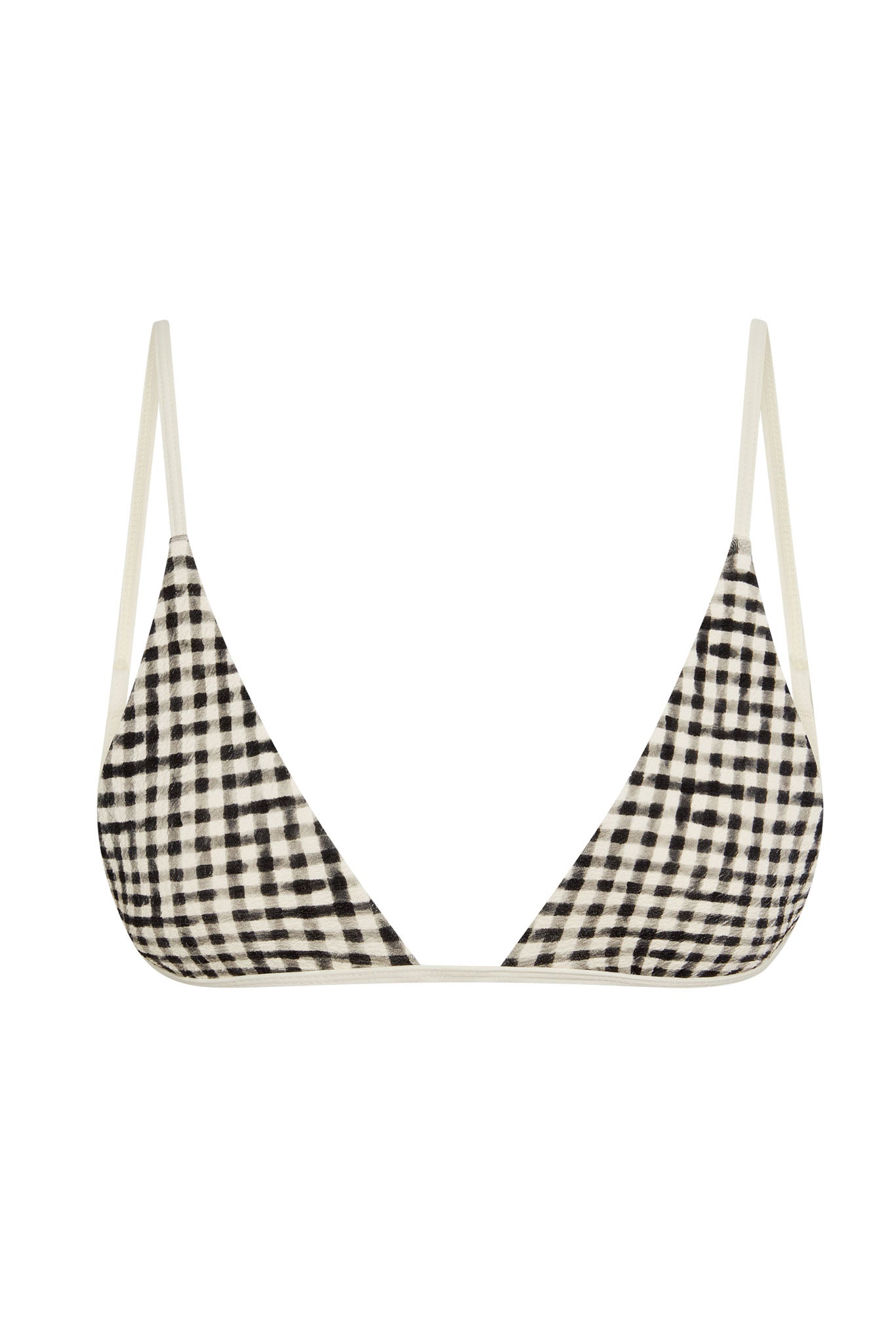 Black-and-white gingham triangle bikini top with thin cream straps