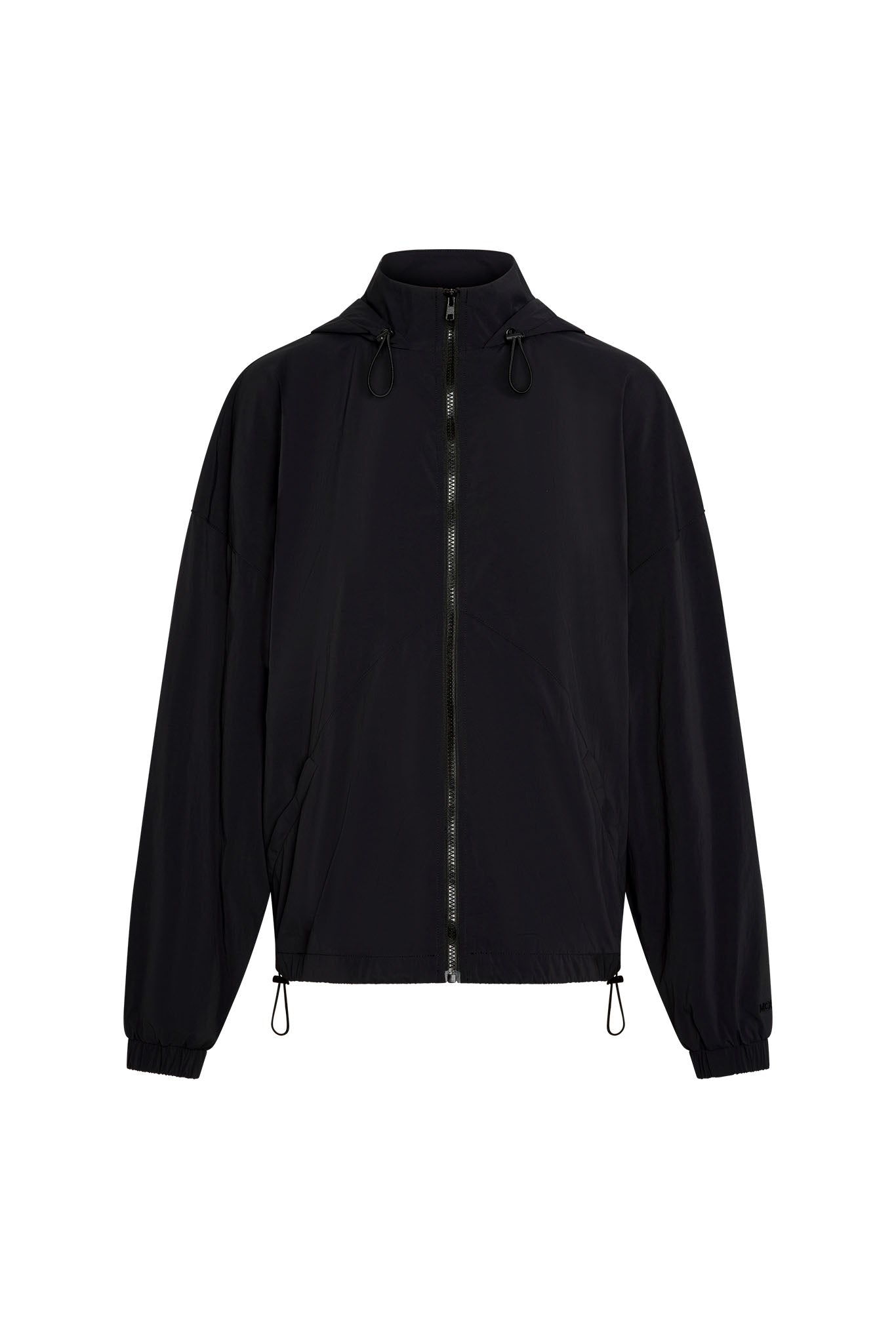 Black lightweight hooded zip-up jacket with front zip, elastic cuffs, drawcord hem and front pockets.