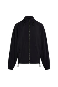 Black lightweight hooded zip-up jacket with front zip, elastic cuffs, drawcord hem and front pockets.
