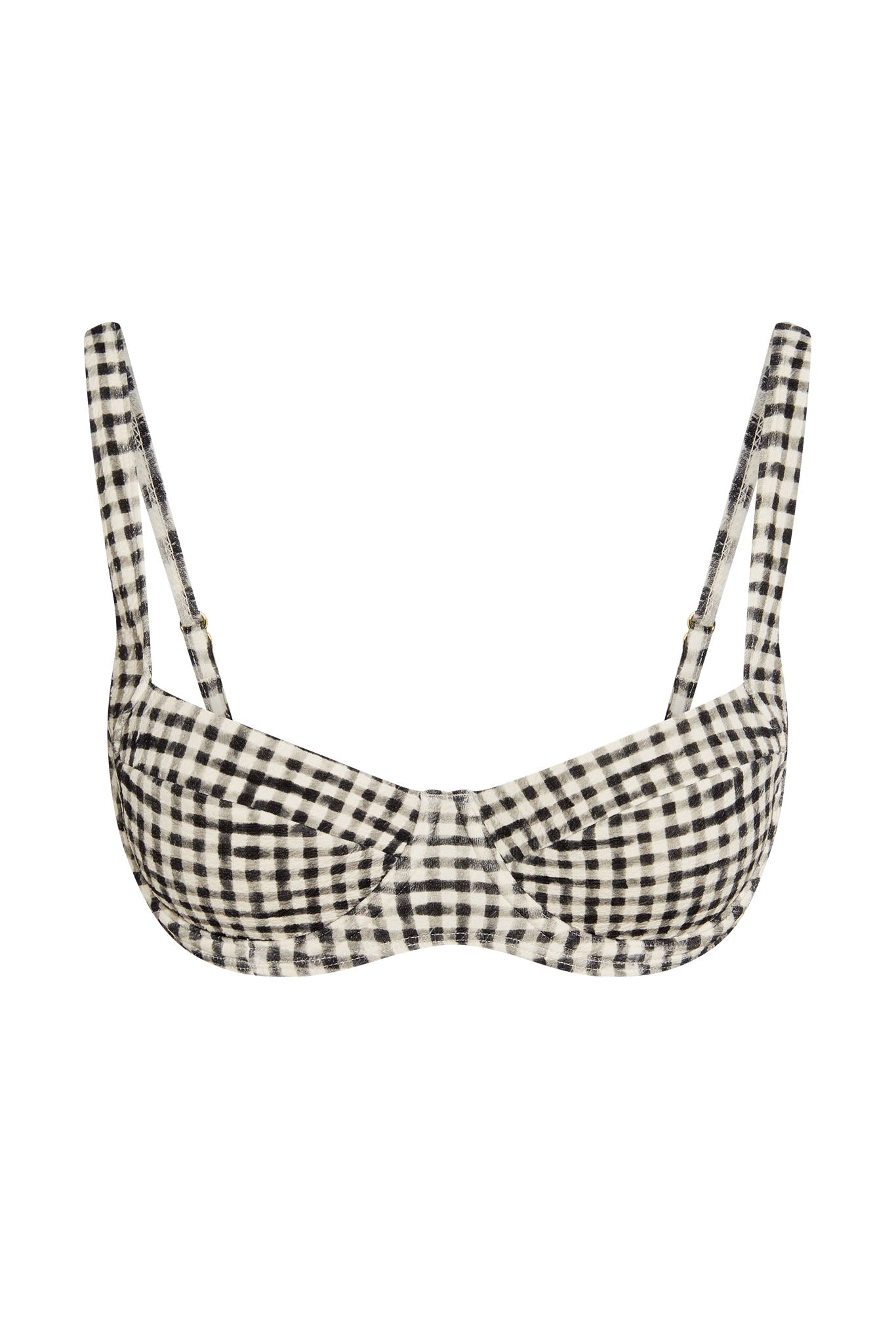 Black-and-white gingham underwire bra with adjustable thin straps, front view