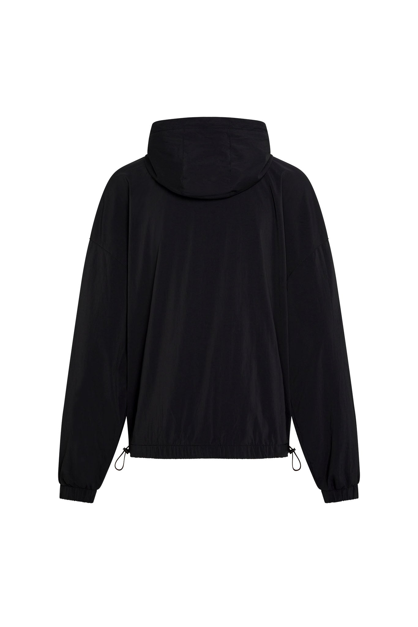 Black hooded windbreaker jacket, back view, elastic cuffs and drawcord hem