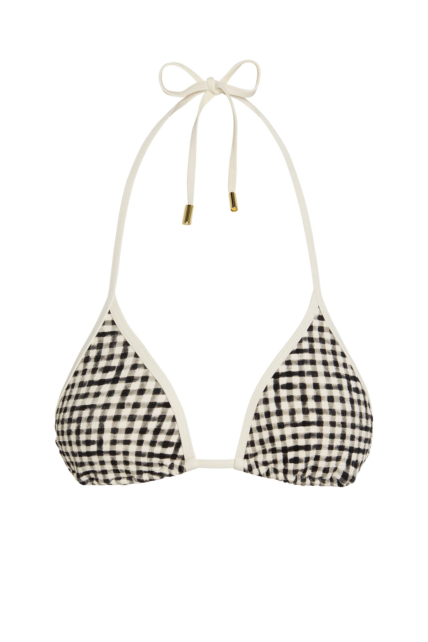 Halter triangle bikini top with black-and-white gingham check, cream trim and tied halter straps with gold metal aglets.