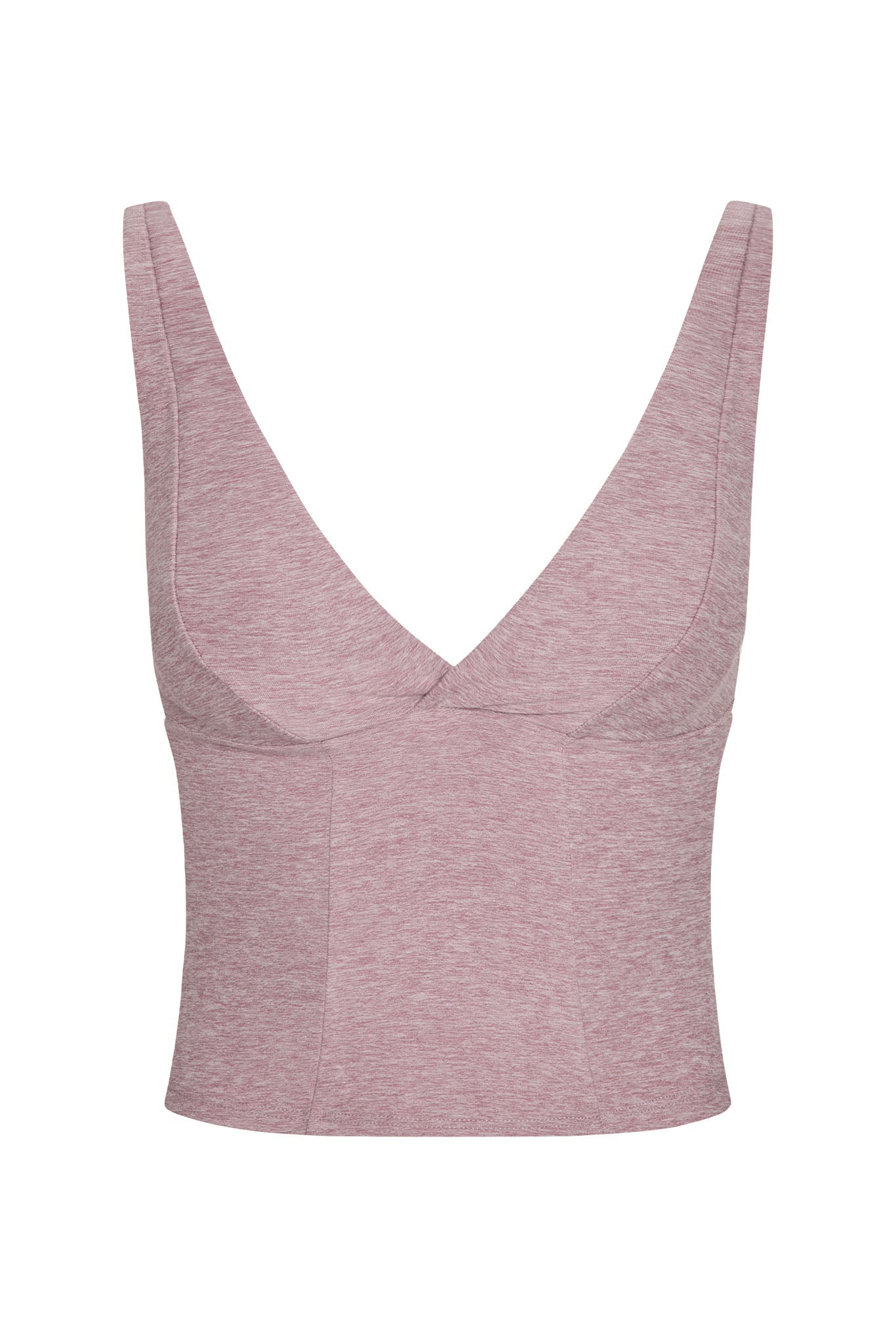 Pink heathered cropped tank top with deep V-neck and wide straps