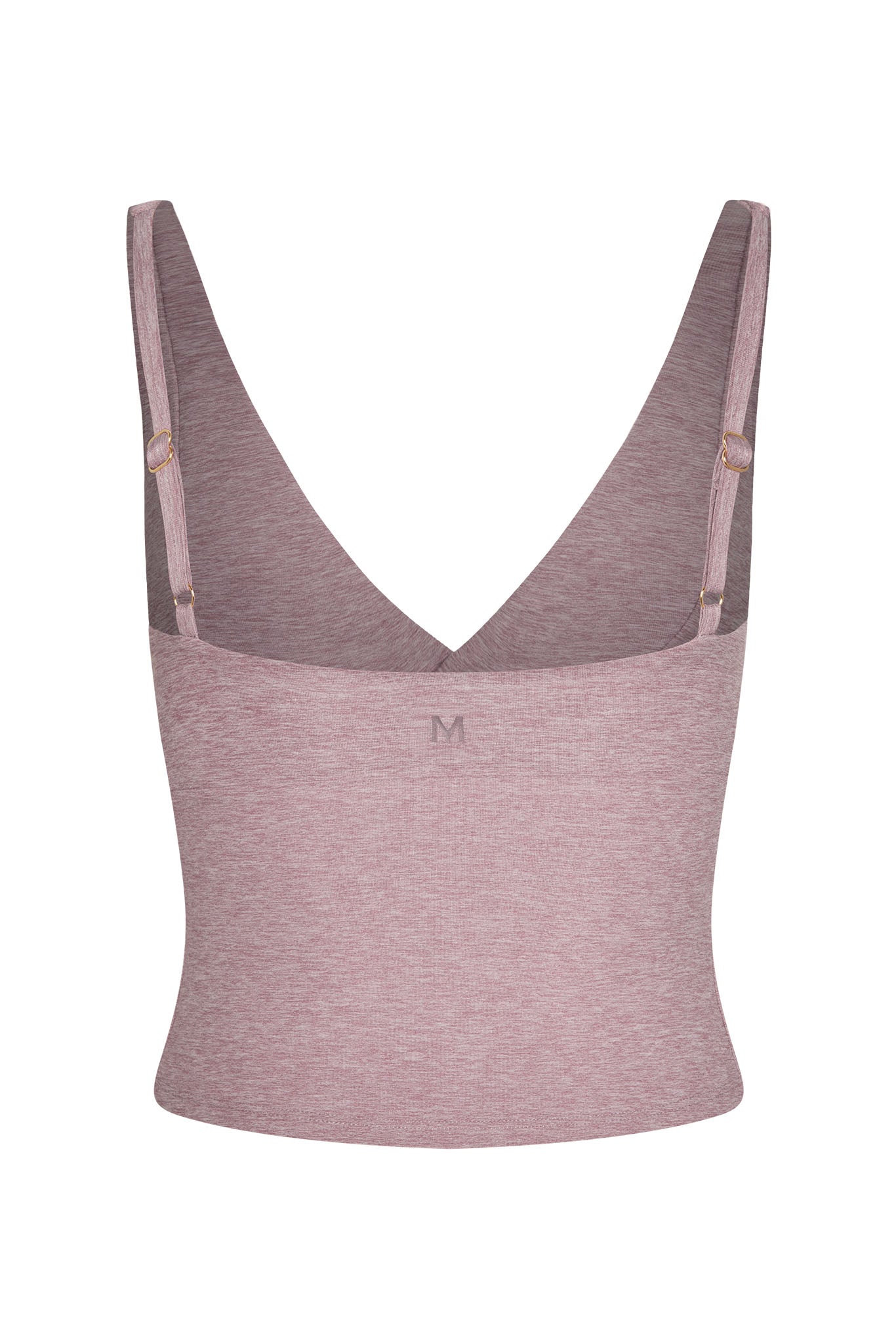 Dusty-rose heathered V-back crop tank with adjustable straps and small 'M' logo centered on back.