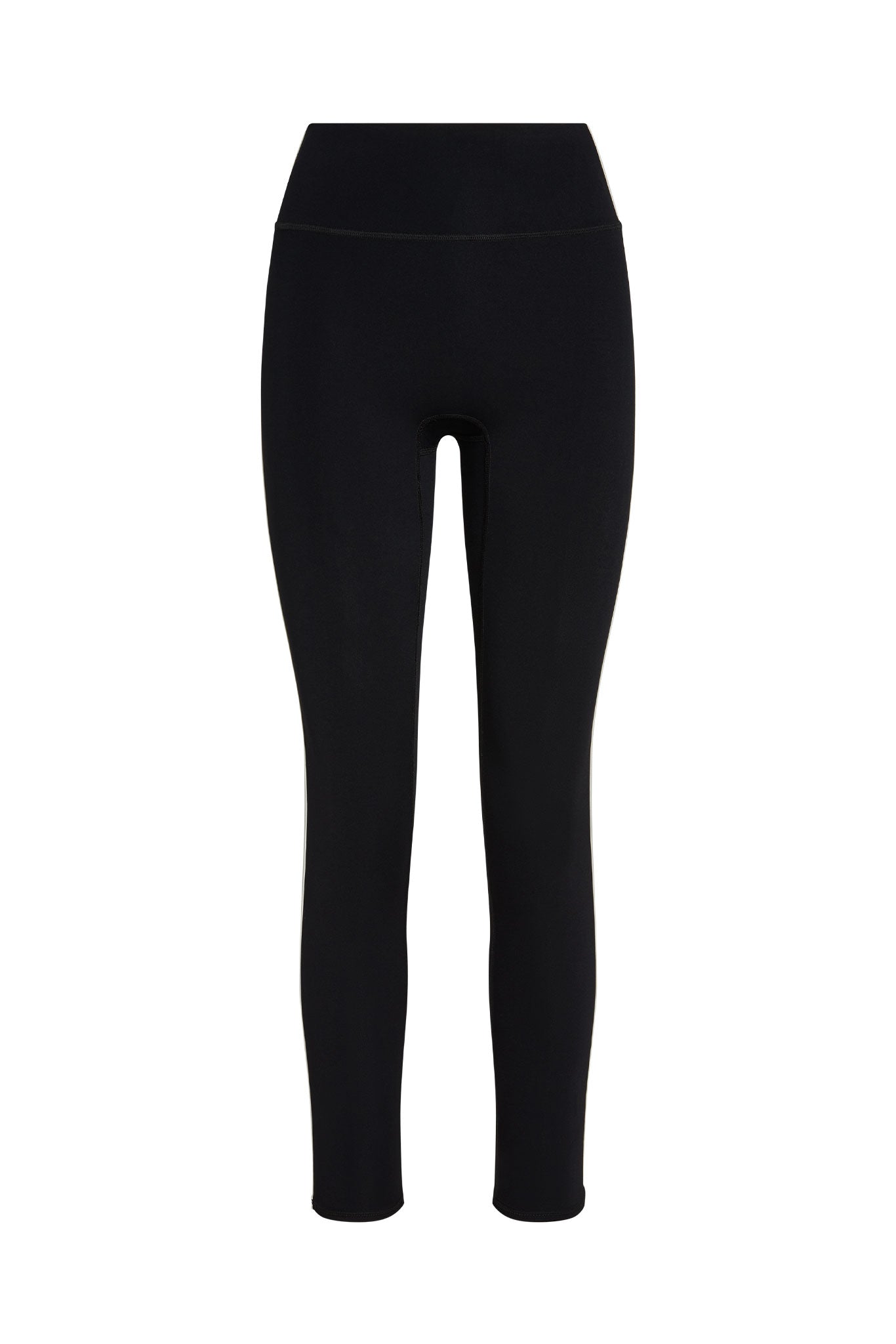 Black high-waist, full-length leggings with flat waistband and slim fit
