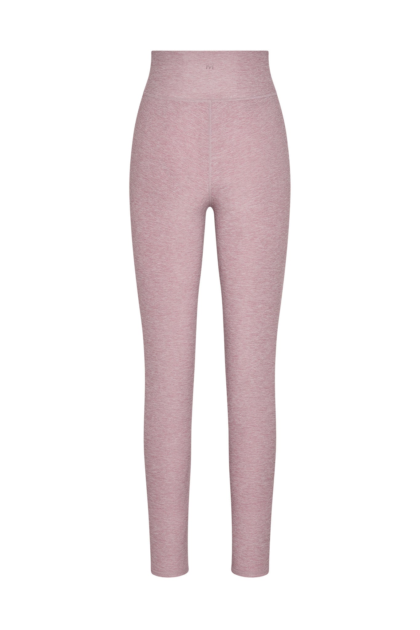 High-waisted heathered rose-pink leggings, full length, small 'M' size mark on waistband