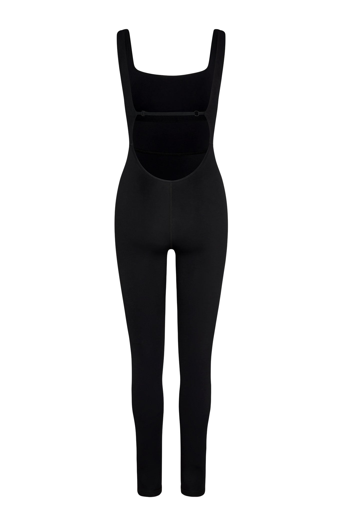Black full-length leggings with integrated bib and low open back, narrow shoulder straps and an adjustable back strap.