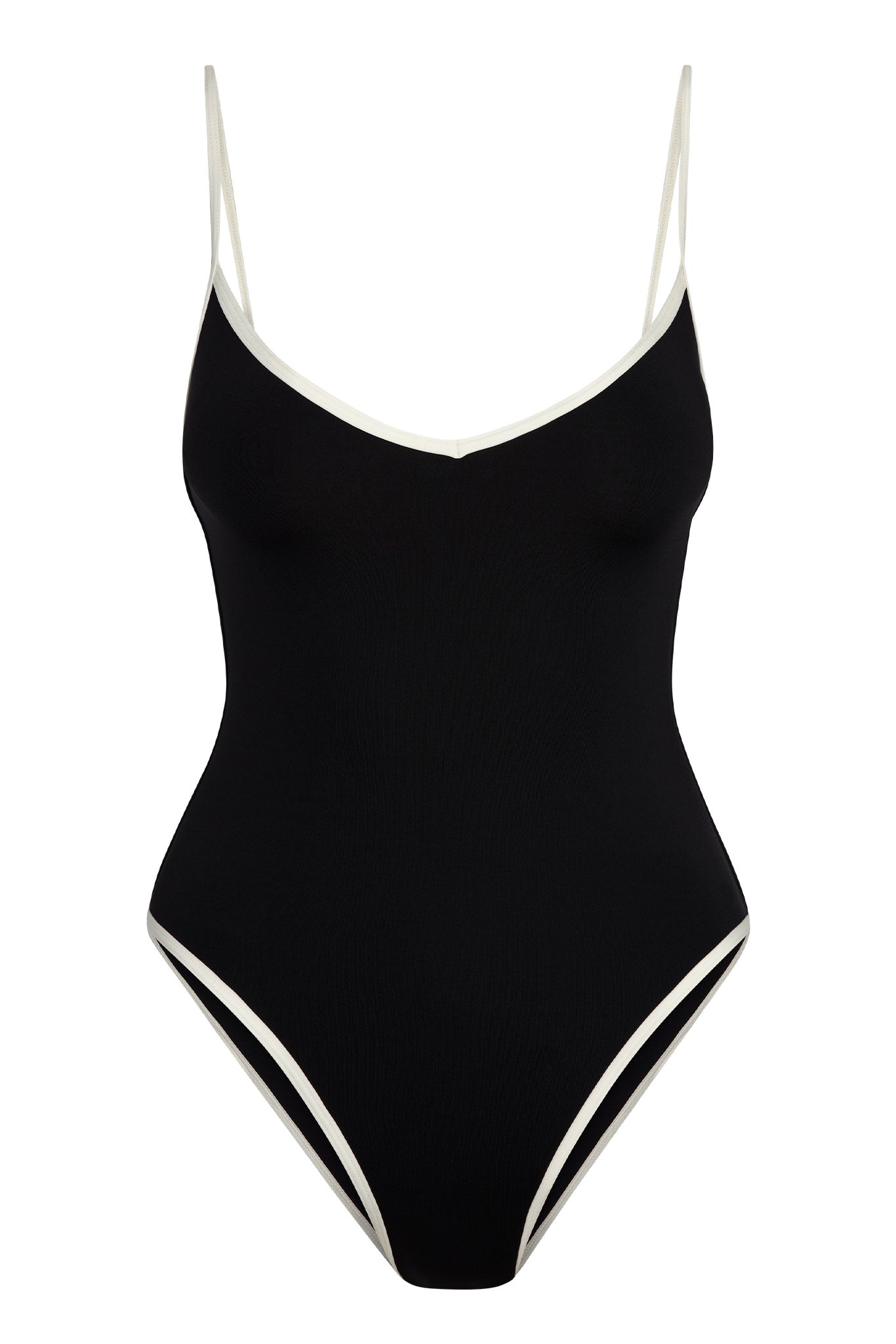 Black one-piece swimsuit with thin white trim and spaghetti straps, high-cut leg openings.