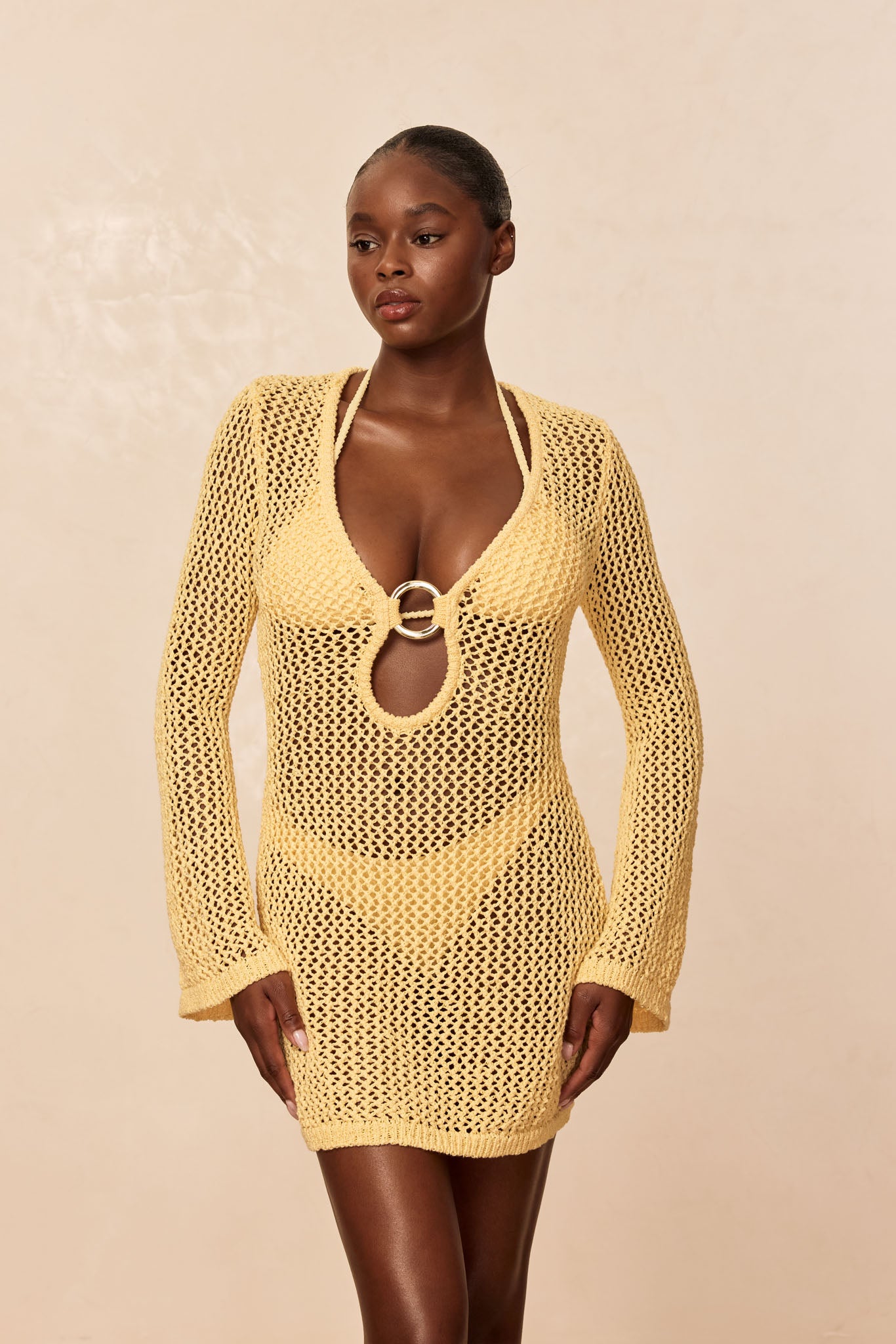 honey yellow mini dress Montego Color:White/Pink and fully lined design High Neck Vintage Gold cher