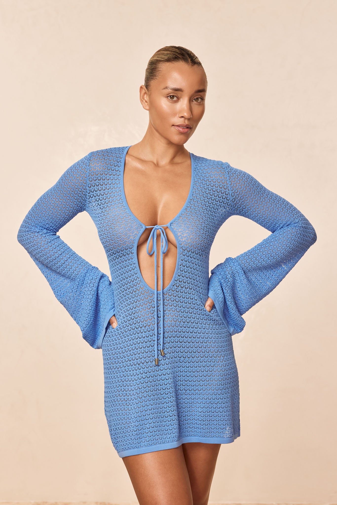 Montego Mini Tie Dress - Azure Lace Crochet Azure Lace Crochet / V