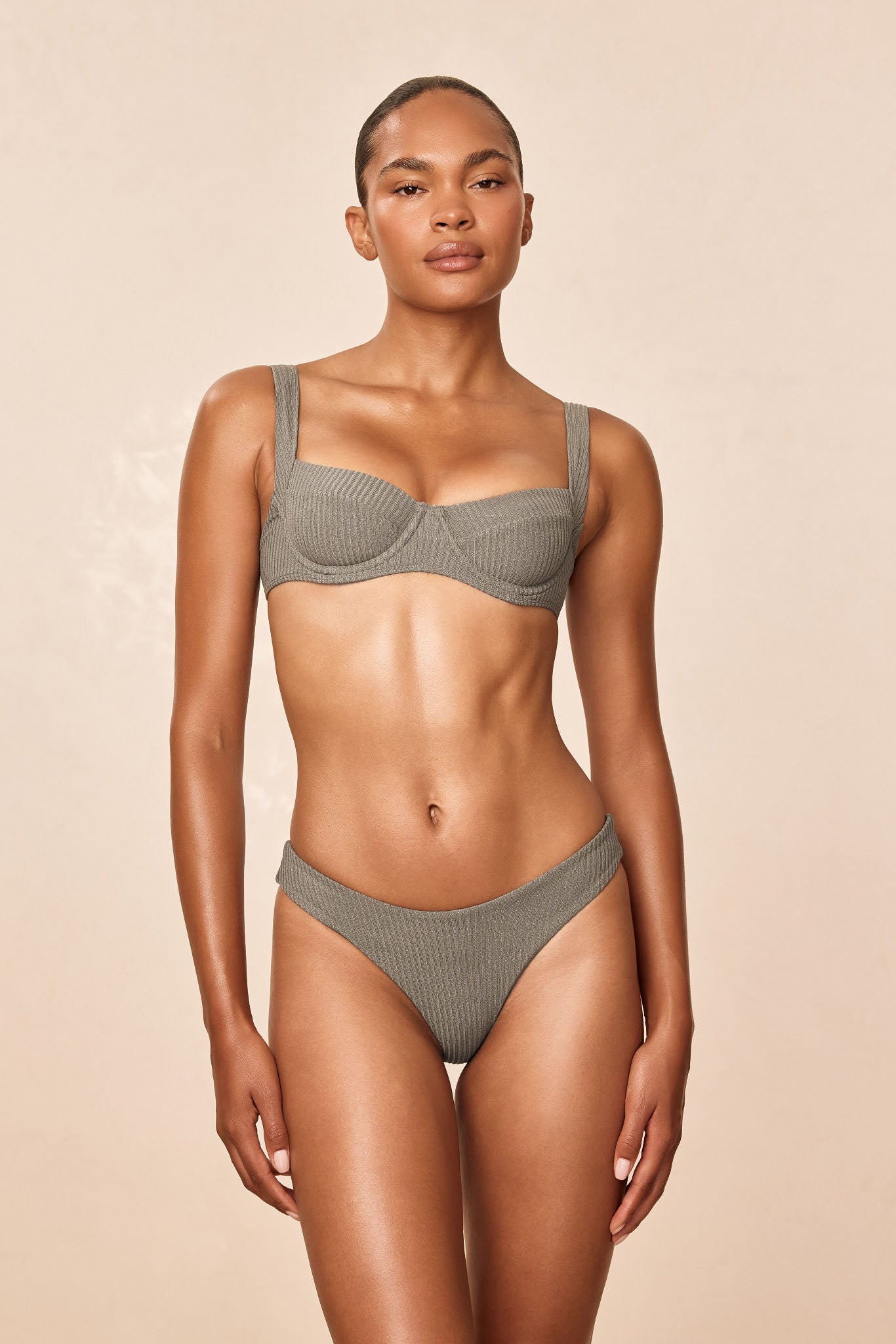 Front view of Byron Bottom in Steel Lurex Rib on model; high-rise moderate coverage, ribbed shimmer fabric