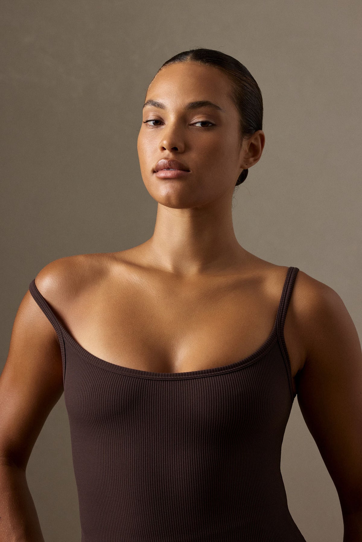 Front view of Devin Tank in Espresso Thin Rib showcasing thin straps and scoop neckline against a neutral background