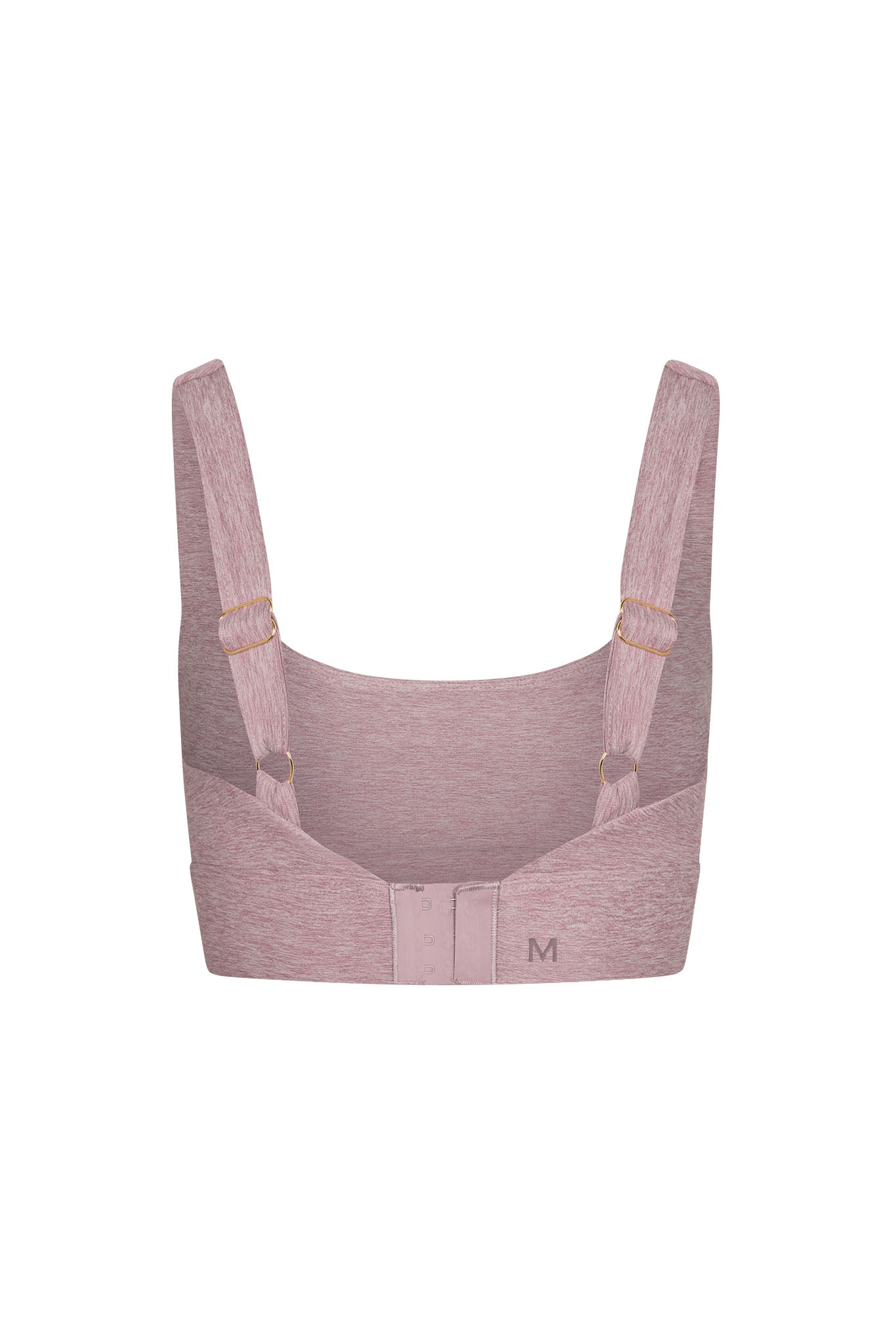 Back view of heathered pink sports bra with adjustable straps, hook-and-eye closure, and M printed on the band.