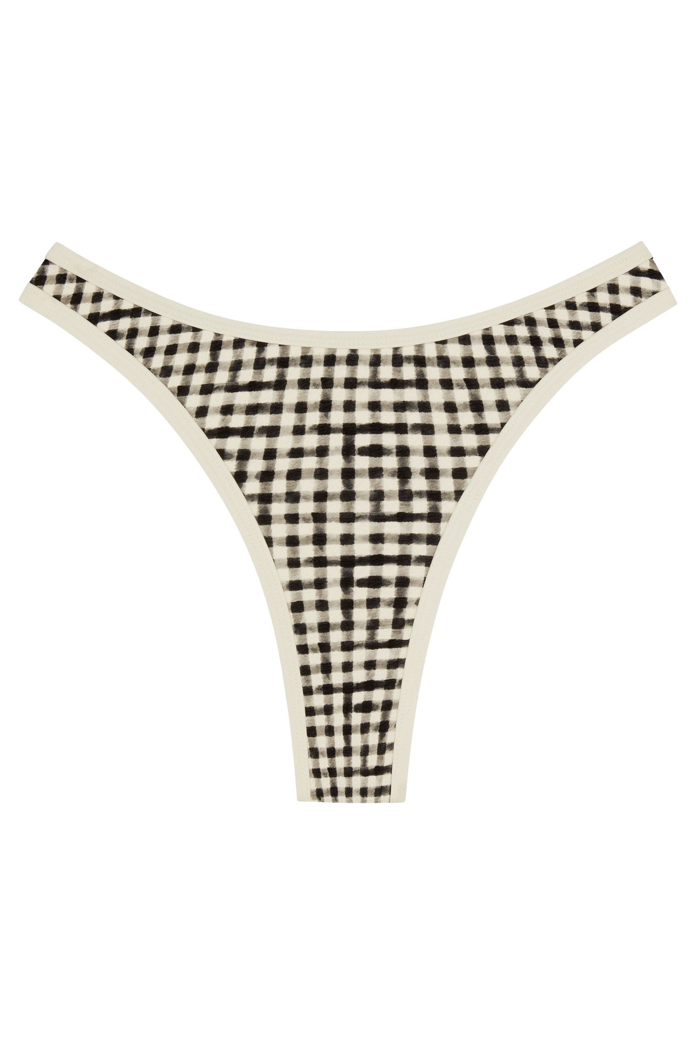 High-cut thong underwear with black-and-cream gingham check and narrow cream trim