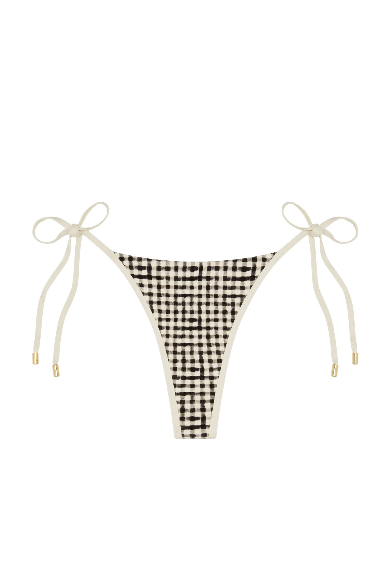 Gingham tie-side bikini bottom, black-and-white check pattern with cream trim and gold-tipped ties, high-cut thong style.