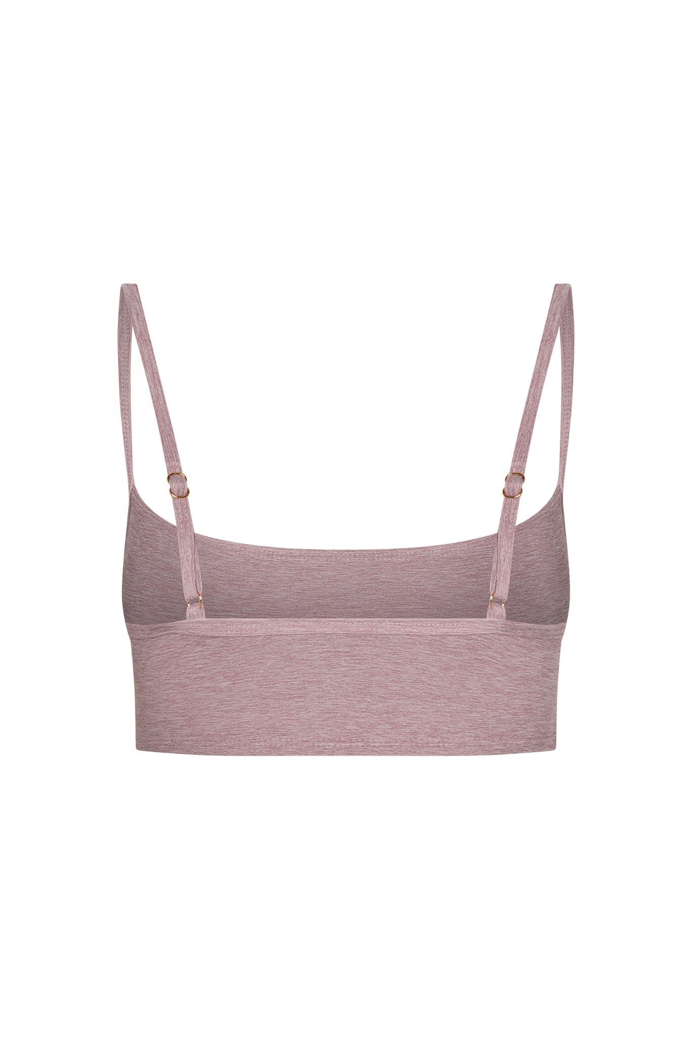 Mauve heather wireless bralette back view with thin adjustable straps and wide underband