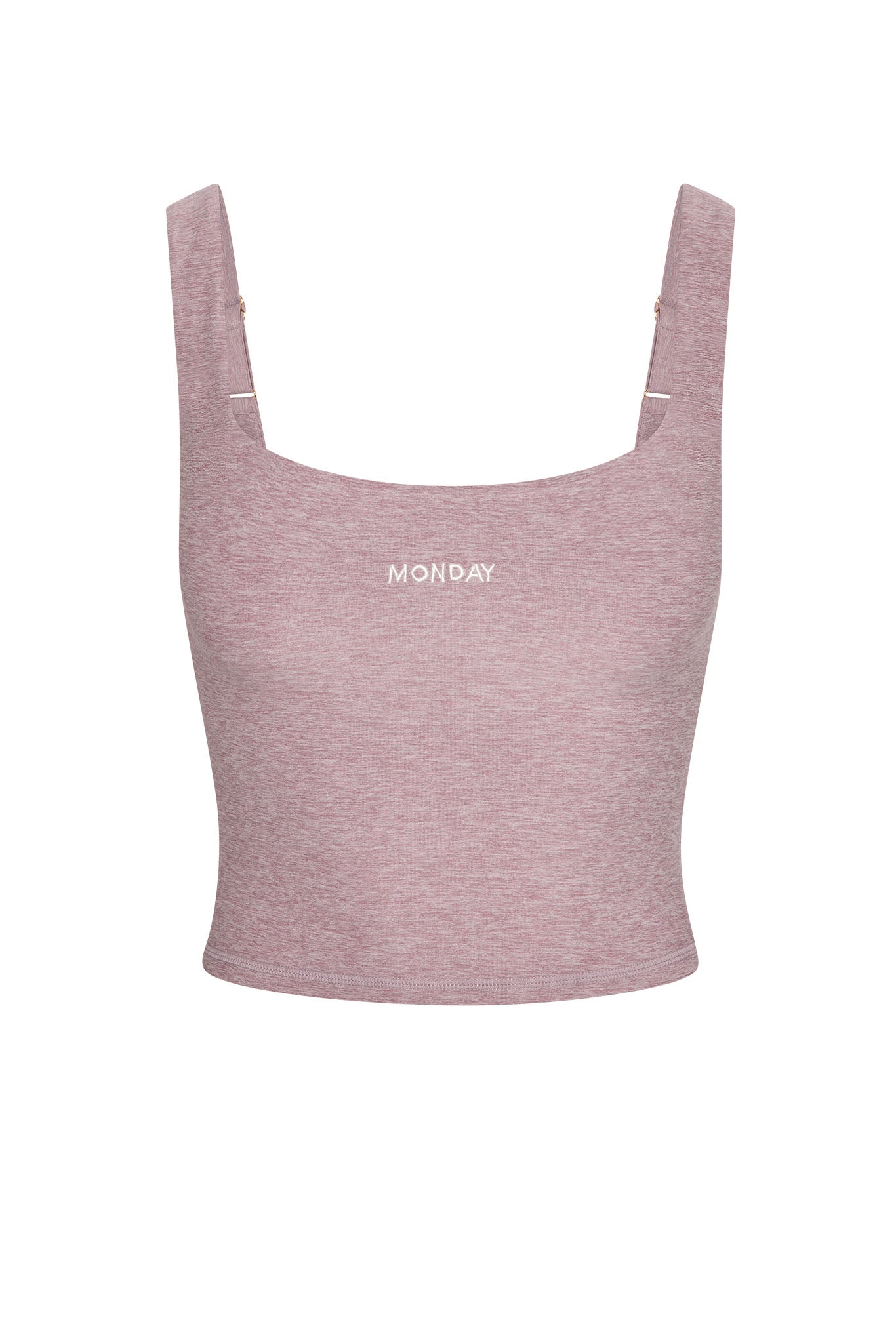 Mauve heathered cropped tank with square neckline, adjustable straps, and MONDAY printed centered on front