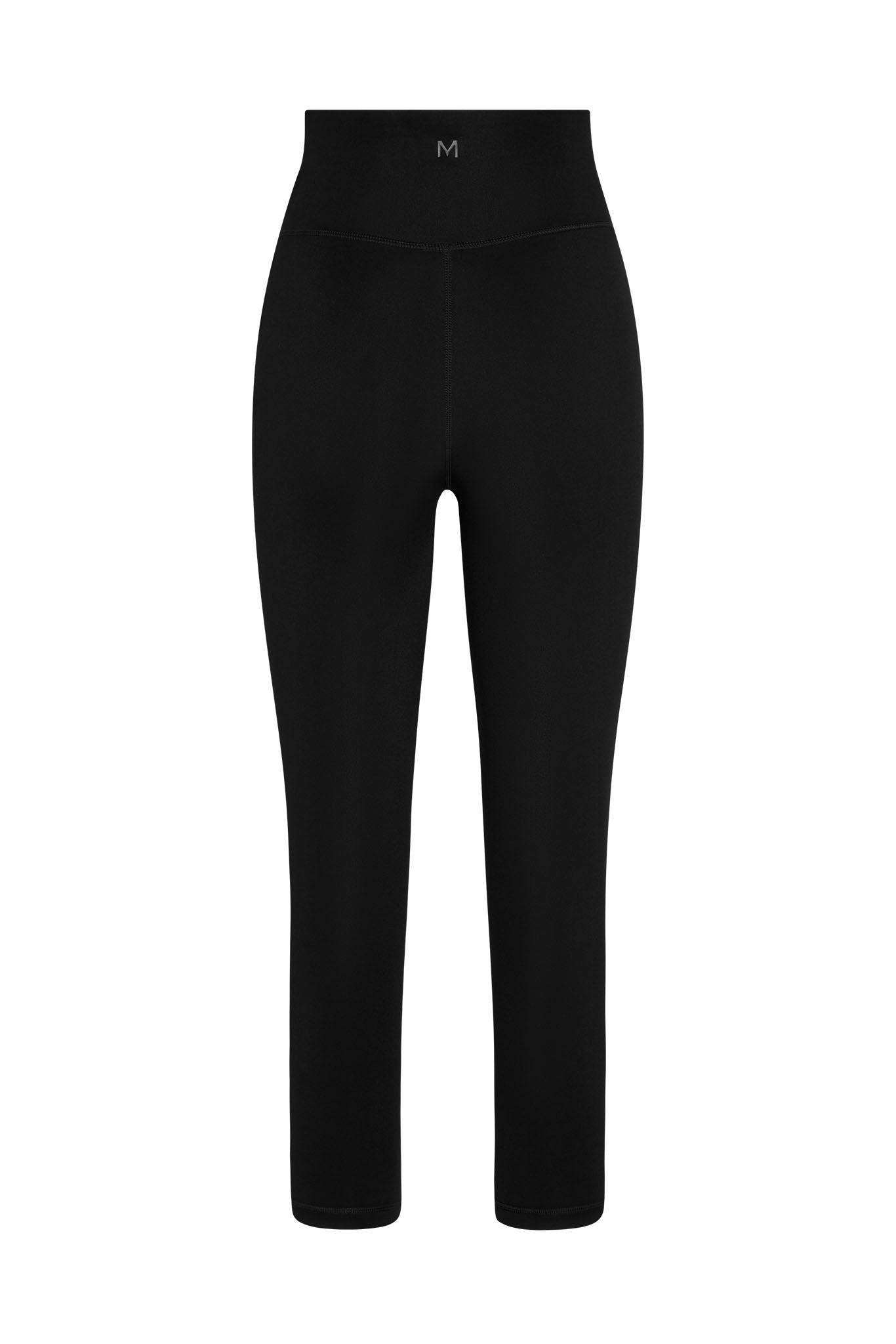 High-waist black leggings with slim ankle length and small M logo on front waistband