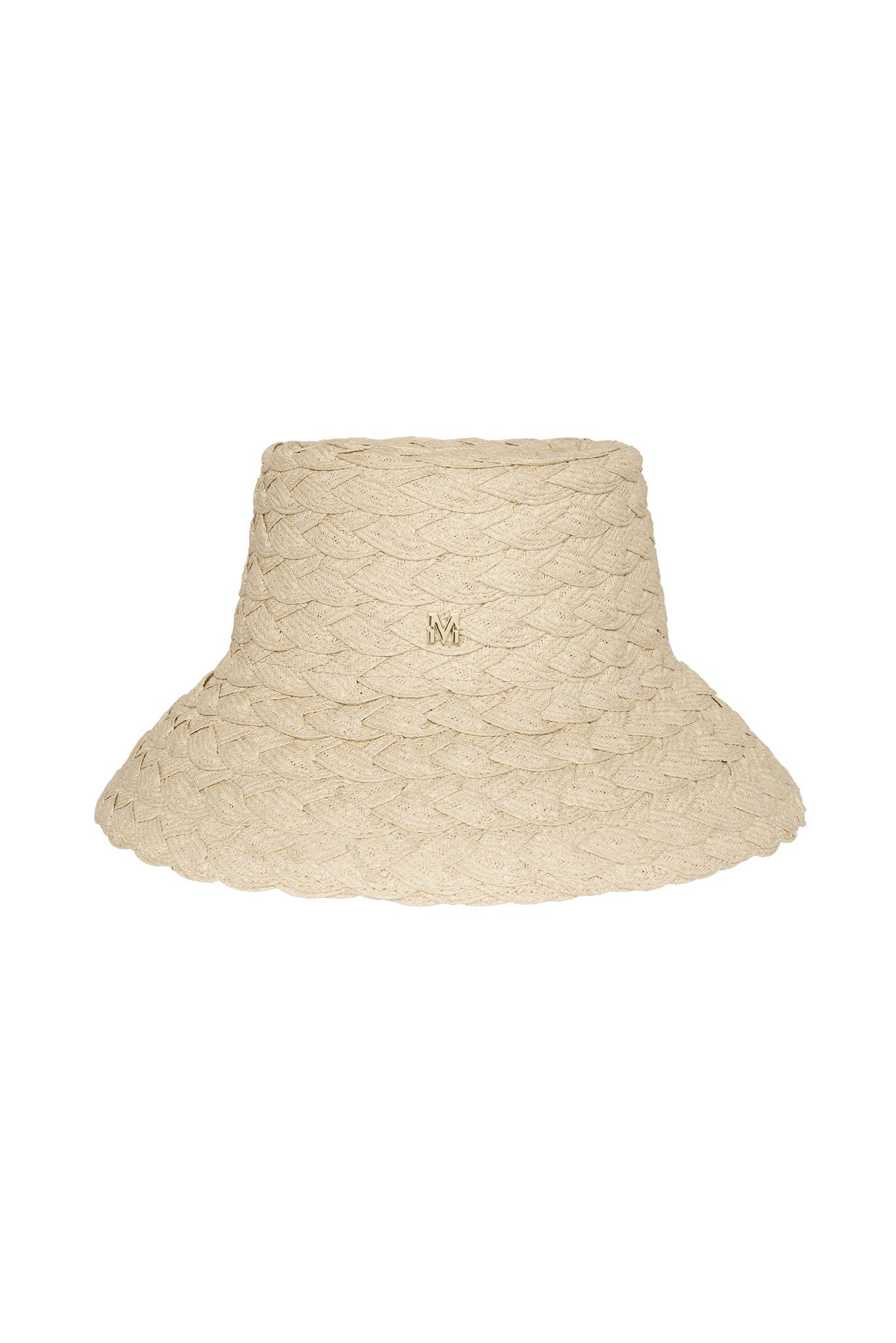 Beige braided straw wide-brim bucket hat with small gold M logo on crown