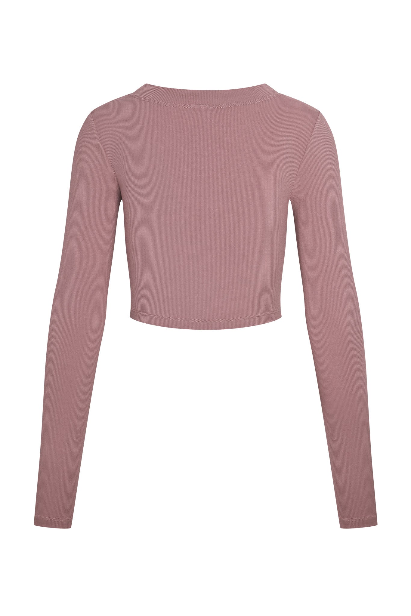 Back view of cropped long-sleeve ribbed top in dusty rose