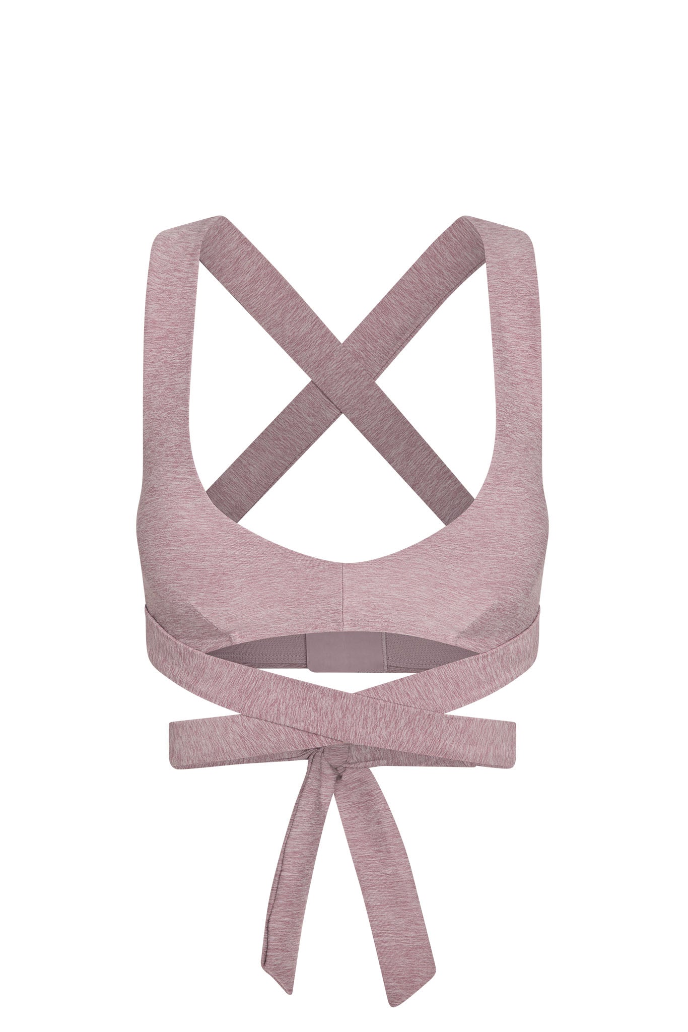 Back view of heathered dusty-rose sports bra with crossed shoulder straps and long wrap-around ties knotted at lower back.