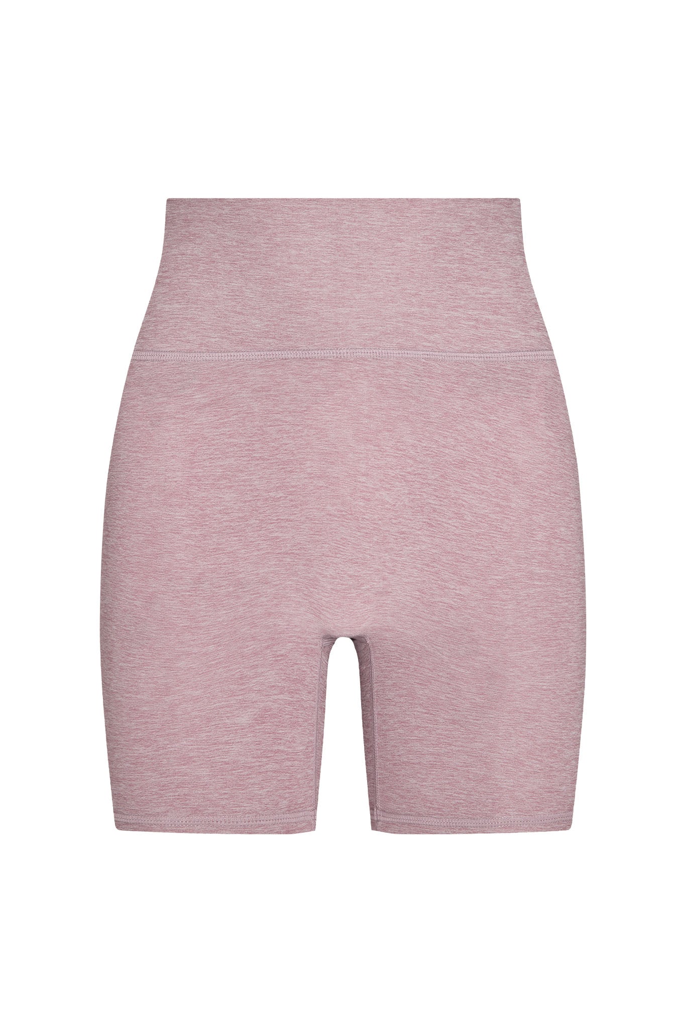 High-waisted heathered mauve biker shorts, mid-thigh length with flat waistband and center inseam
