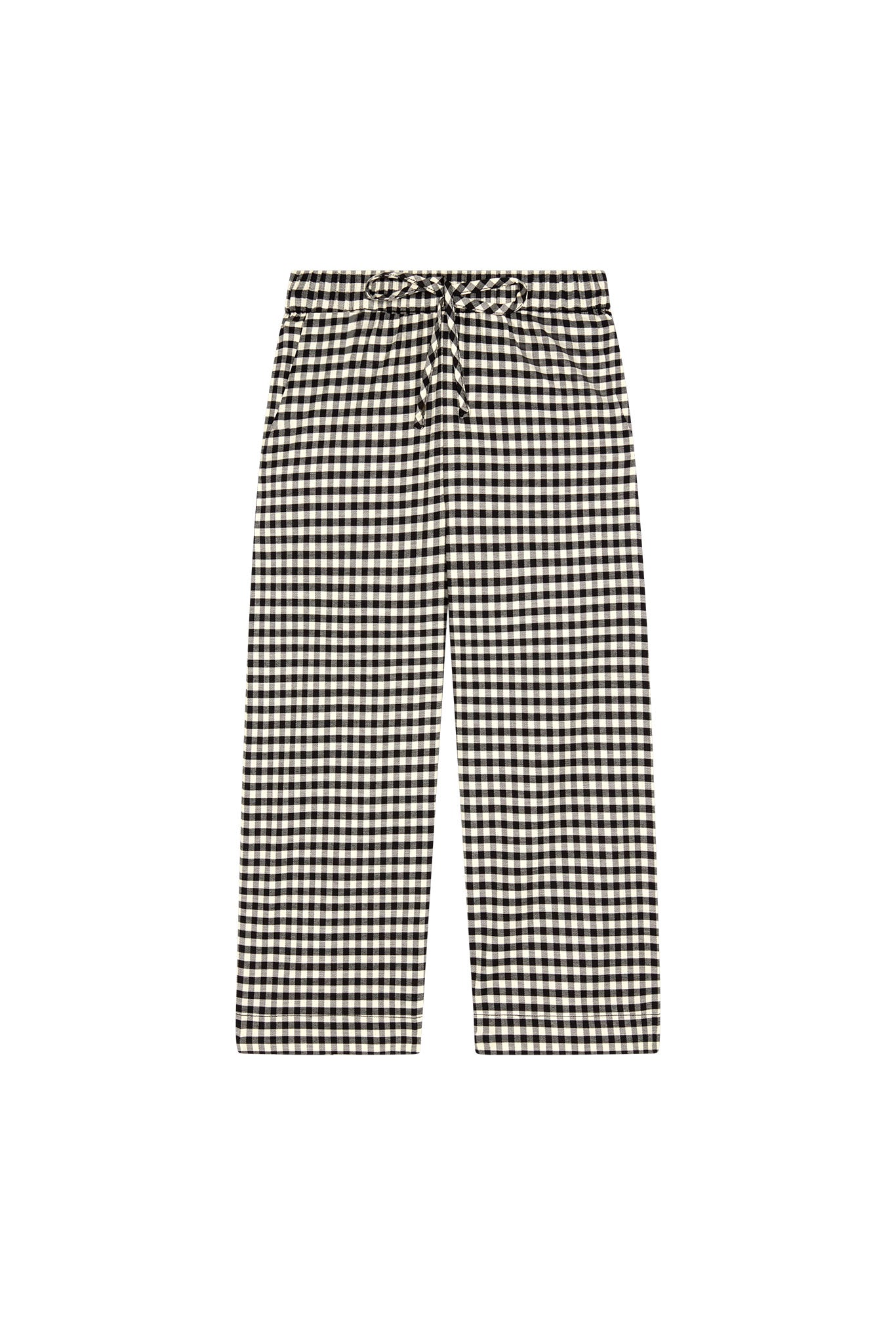 Black-and-white gingham straight-leg pants with drawstring waistband