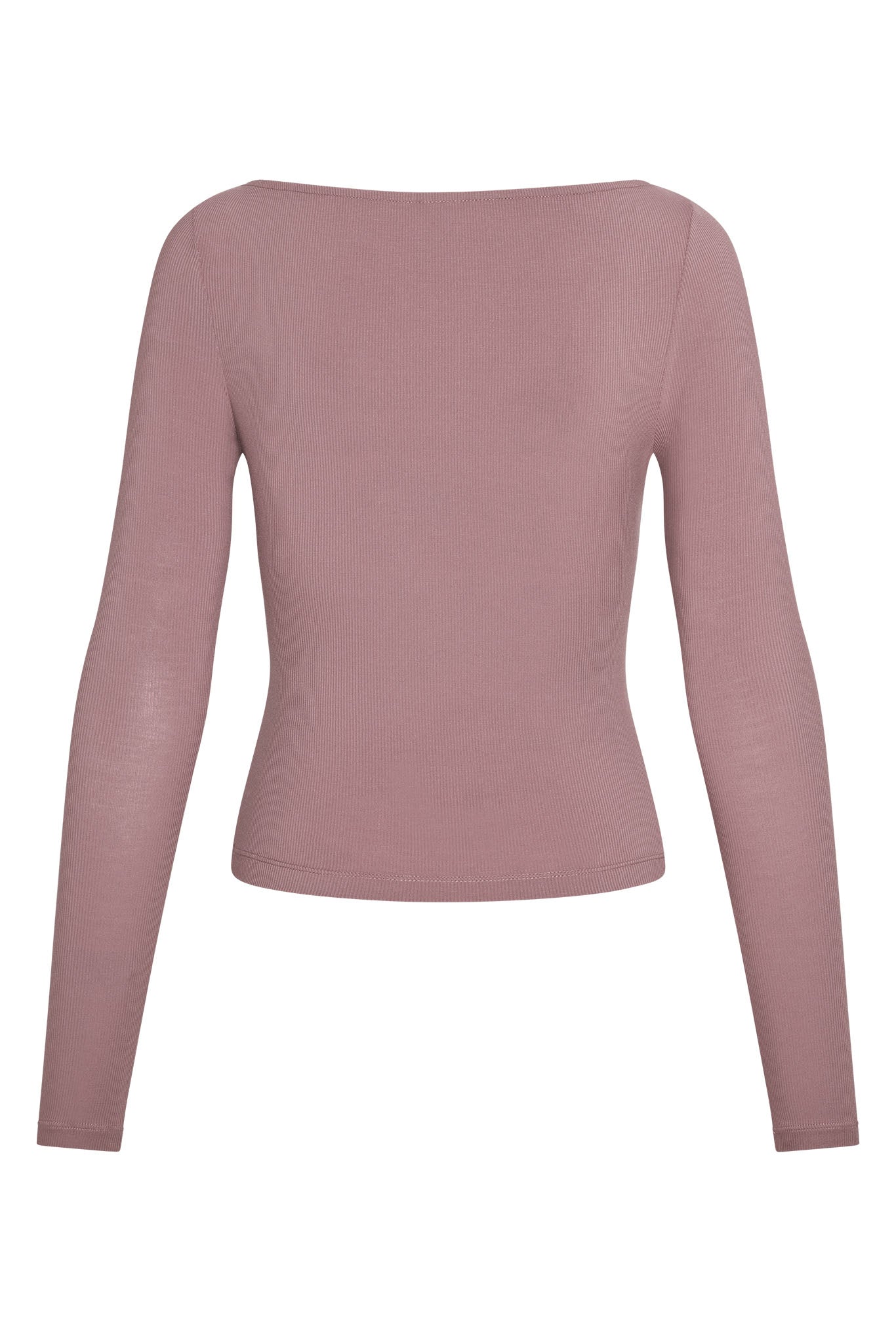 Back view of a mauve ribbed long-sleeve women's top with boat neckline and fitted waist.