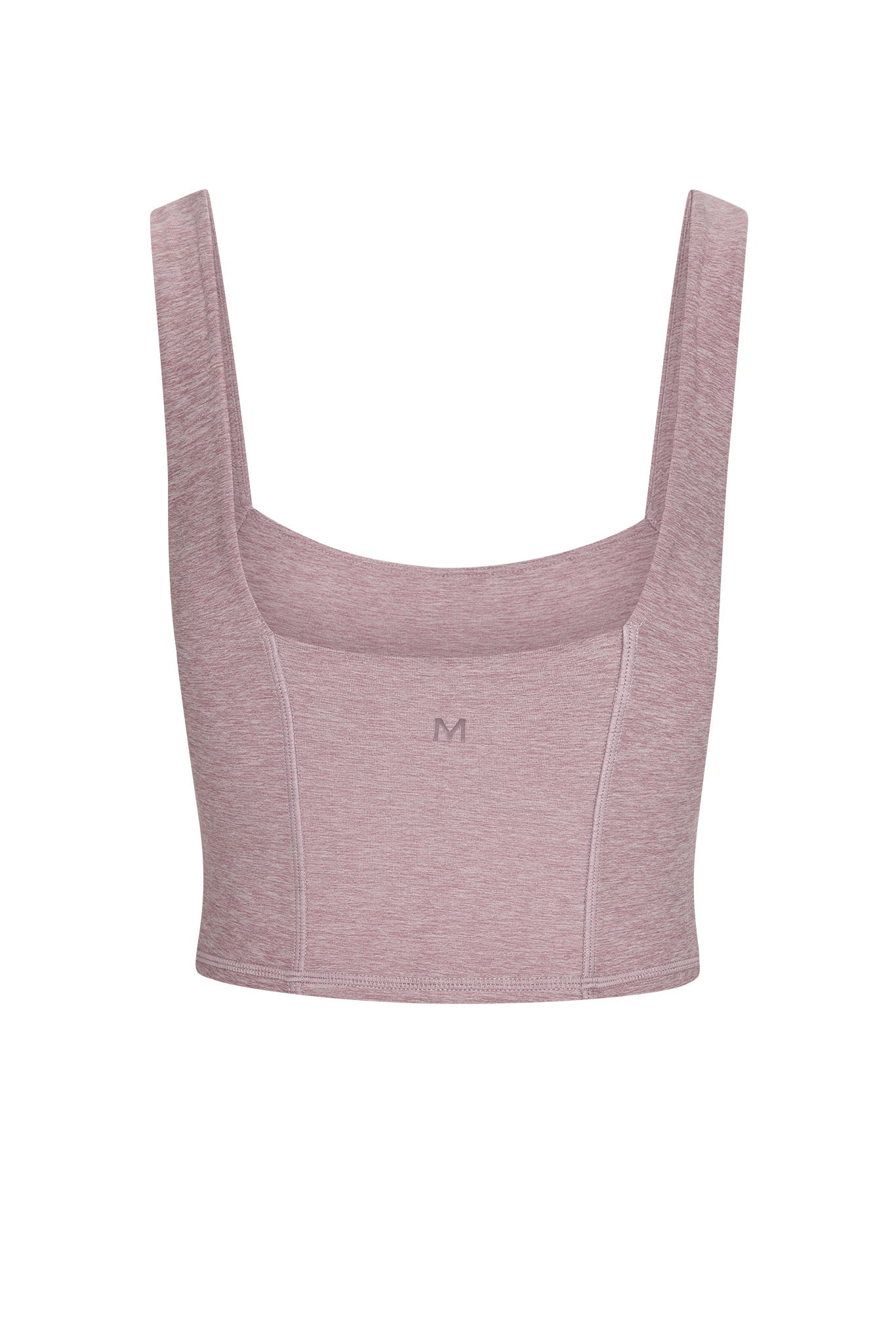 Mauve heather cropped tank top with square neckline, wide straps, and visible M logo at center front.