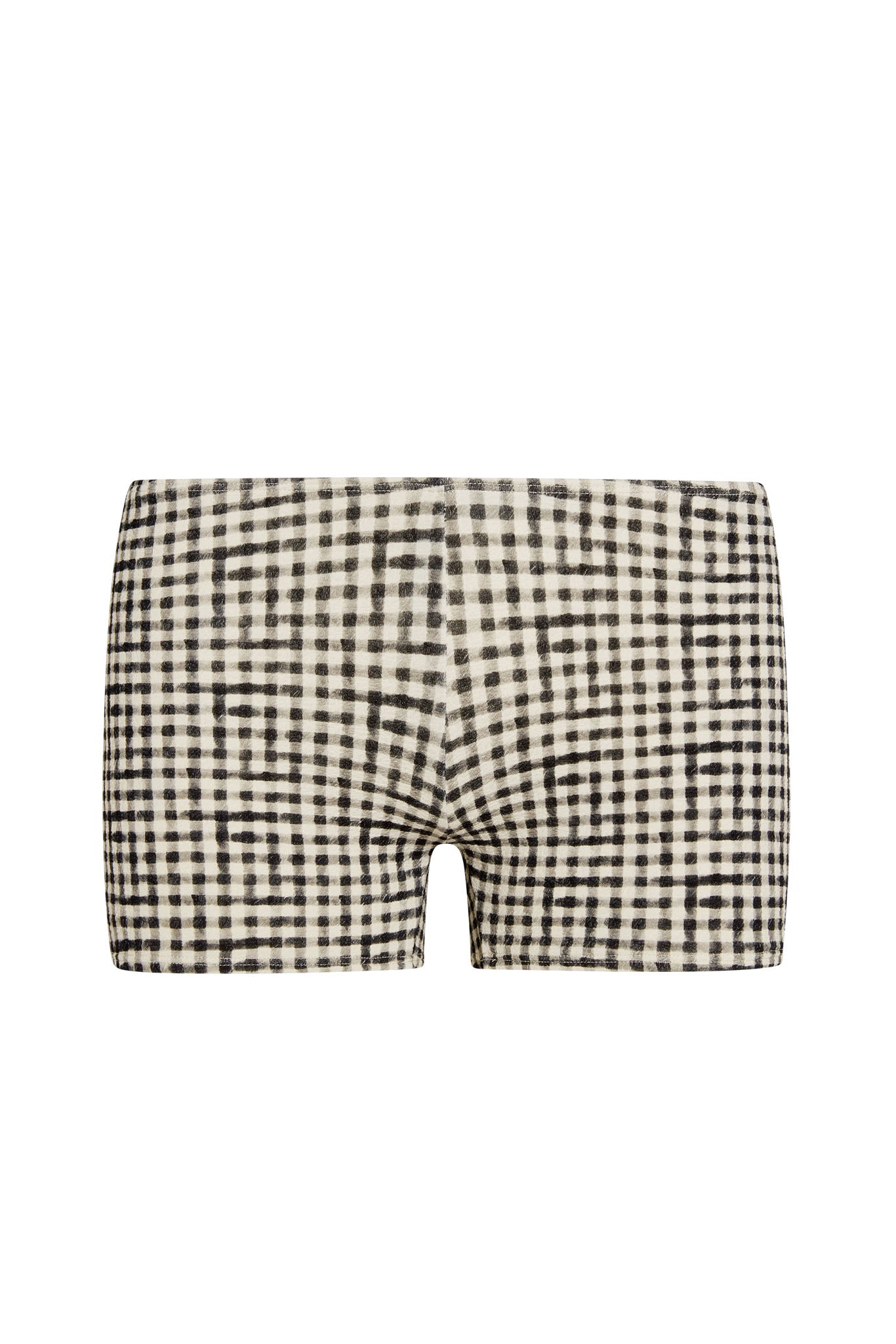 Black-and-white gingham check boxer-style shorts on a white background