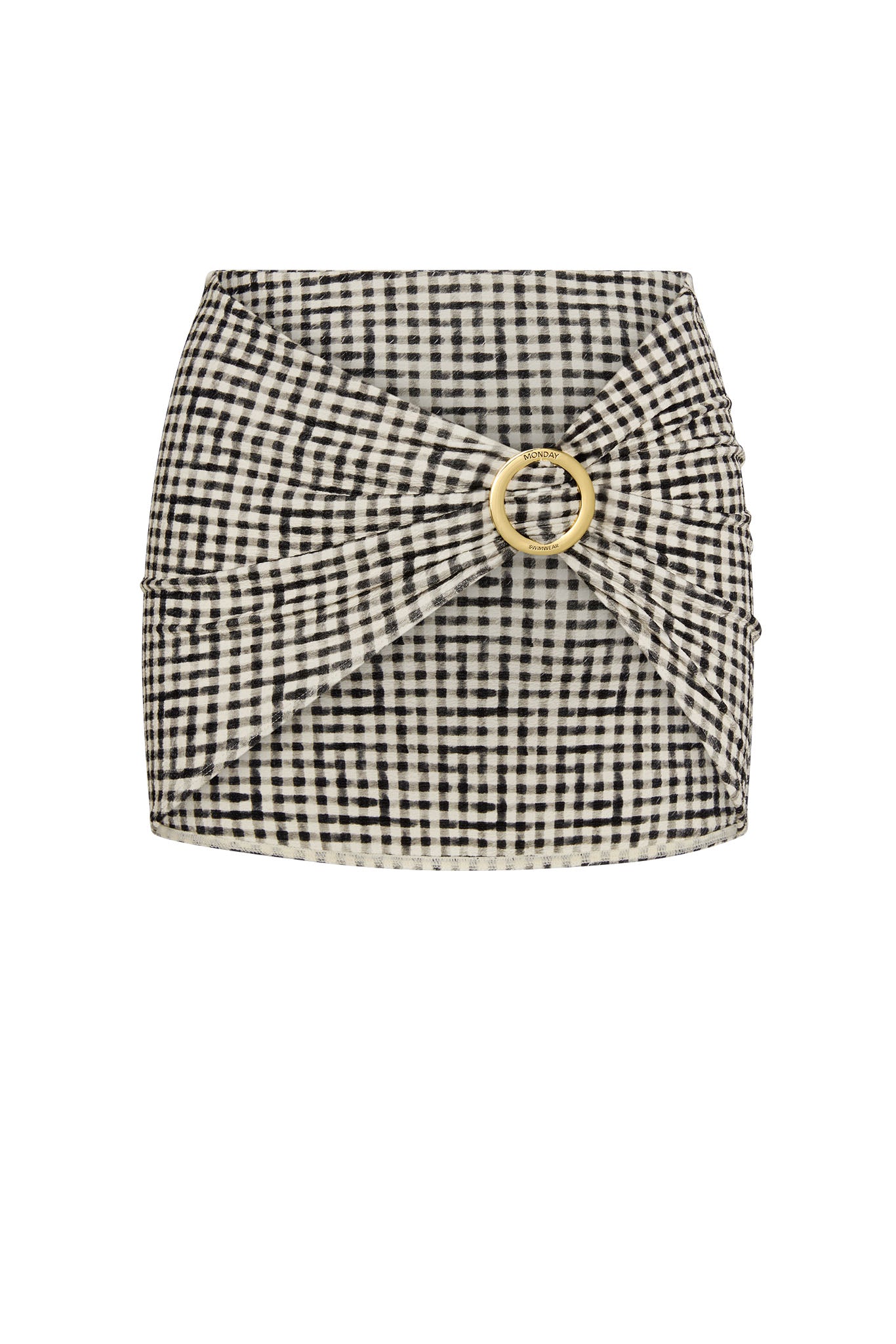 Black-and-white gingham mini skirt with twisted front and gold ring buckle engraved 'MONDAY SWIMWEAR'.