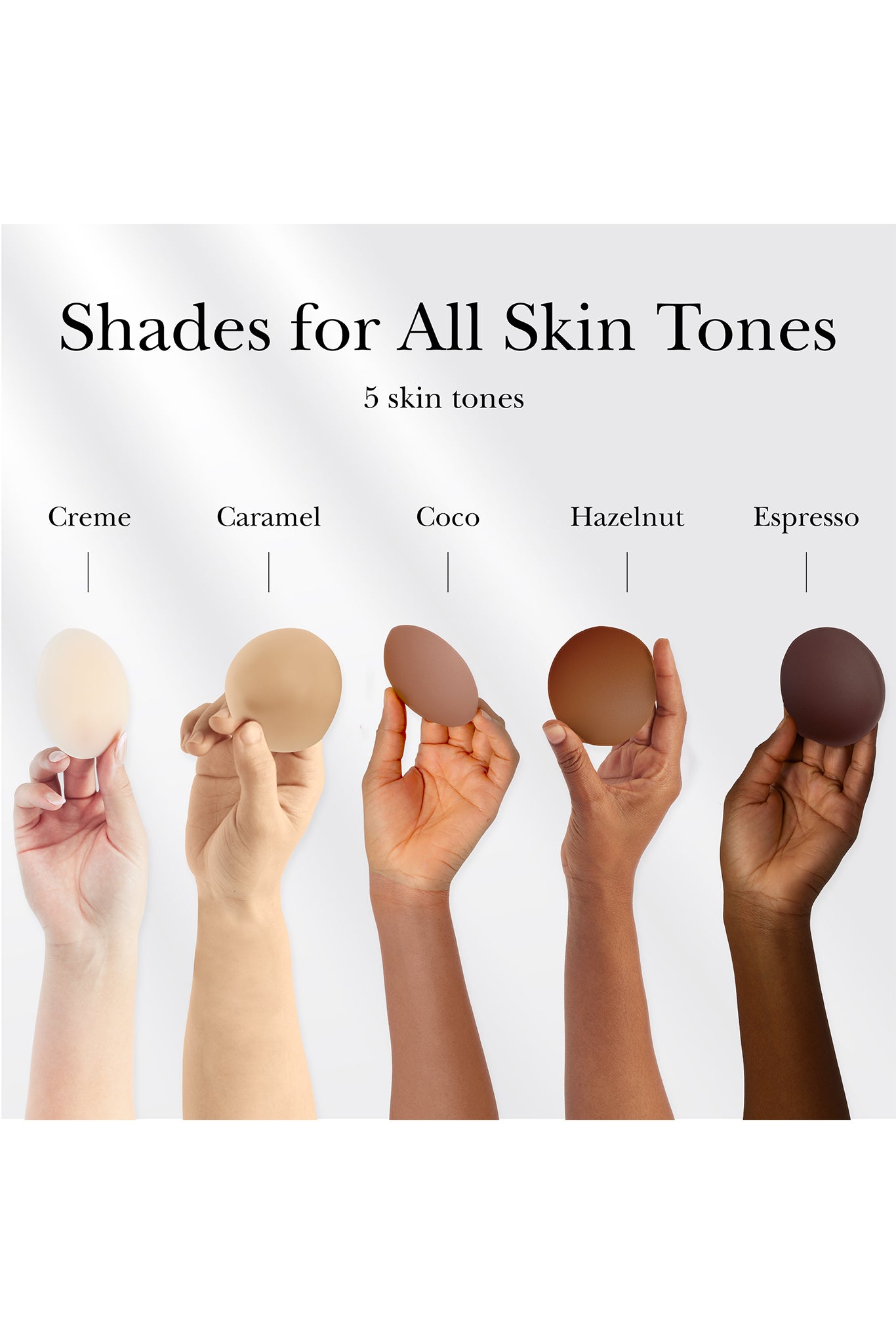 Shades for All Skin Tones; 5 skin tones — five hands hold sponges labeled Creme, Caramel, Coco, Hazelnut, Espresso