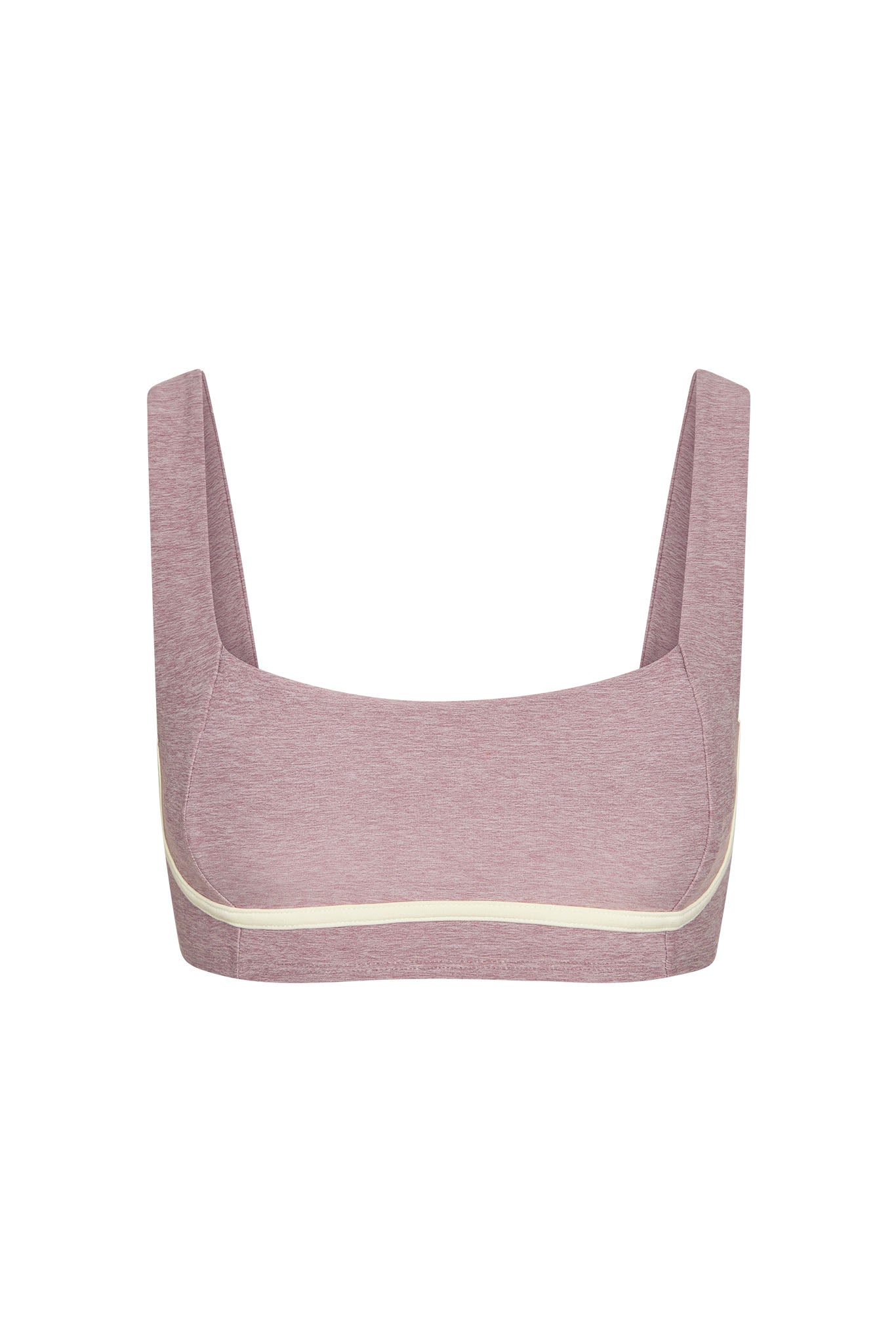 Heathered dusty rose sports bra with square neckline, wide straps and cream contrast band at hem, front view