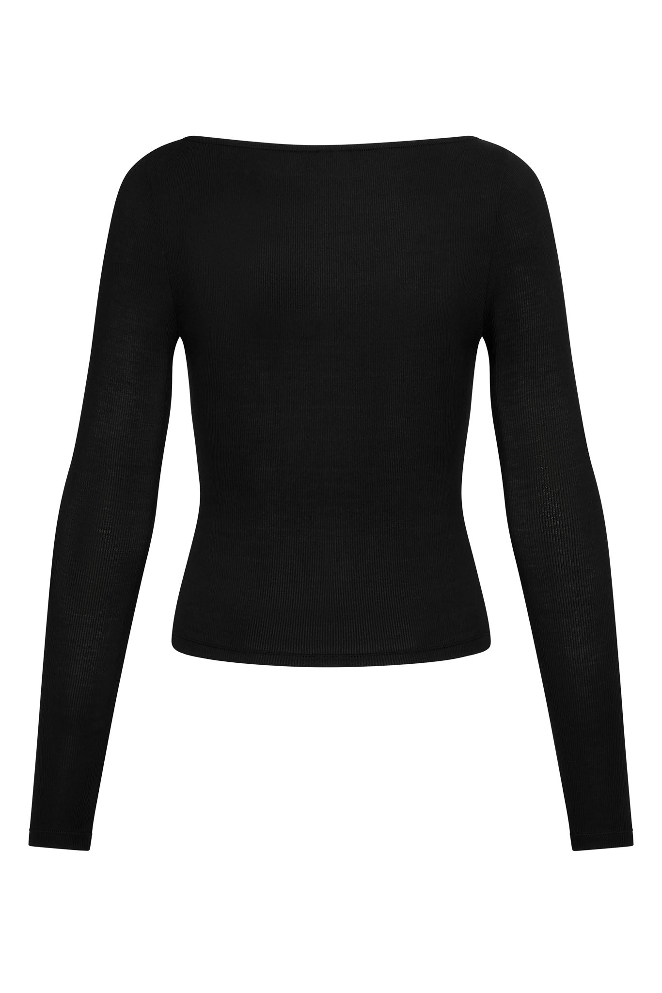 Back view of black ribbed long-sleeve top with boat neckline