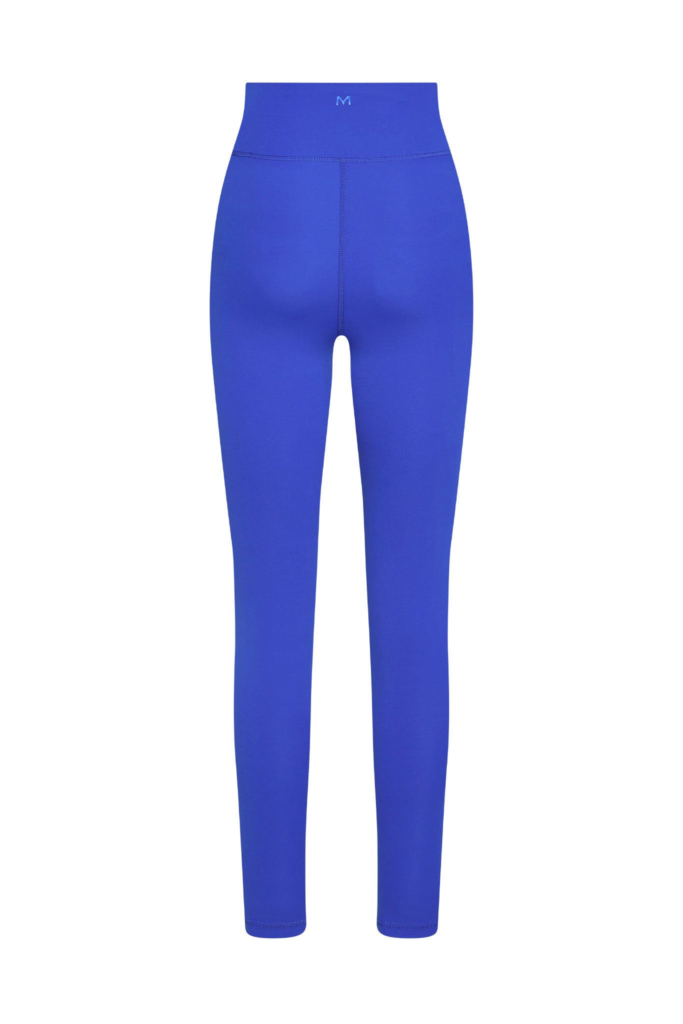 High-waist royal blue leggings, back view; small M logo centered on the waistband.