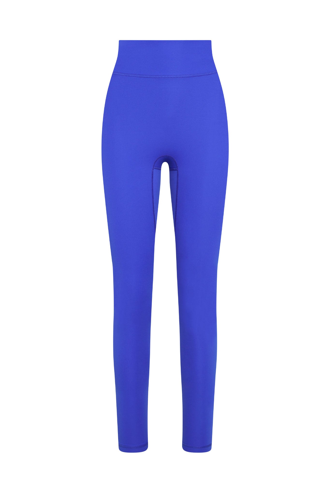 High-waist cobalt blue full-length leggings, front view, flat lay