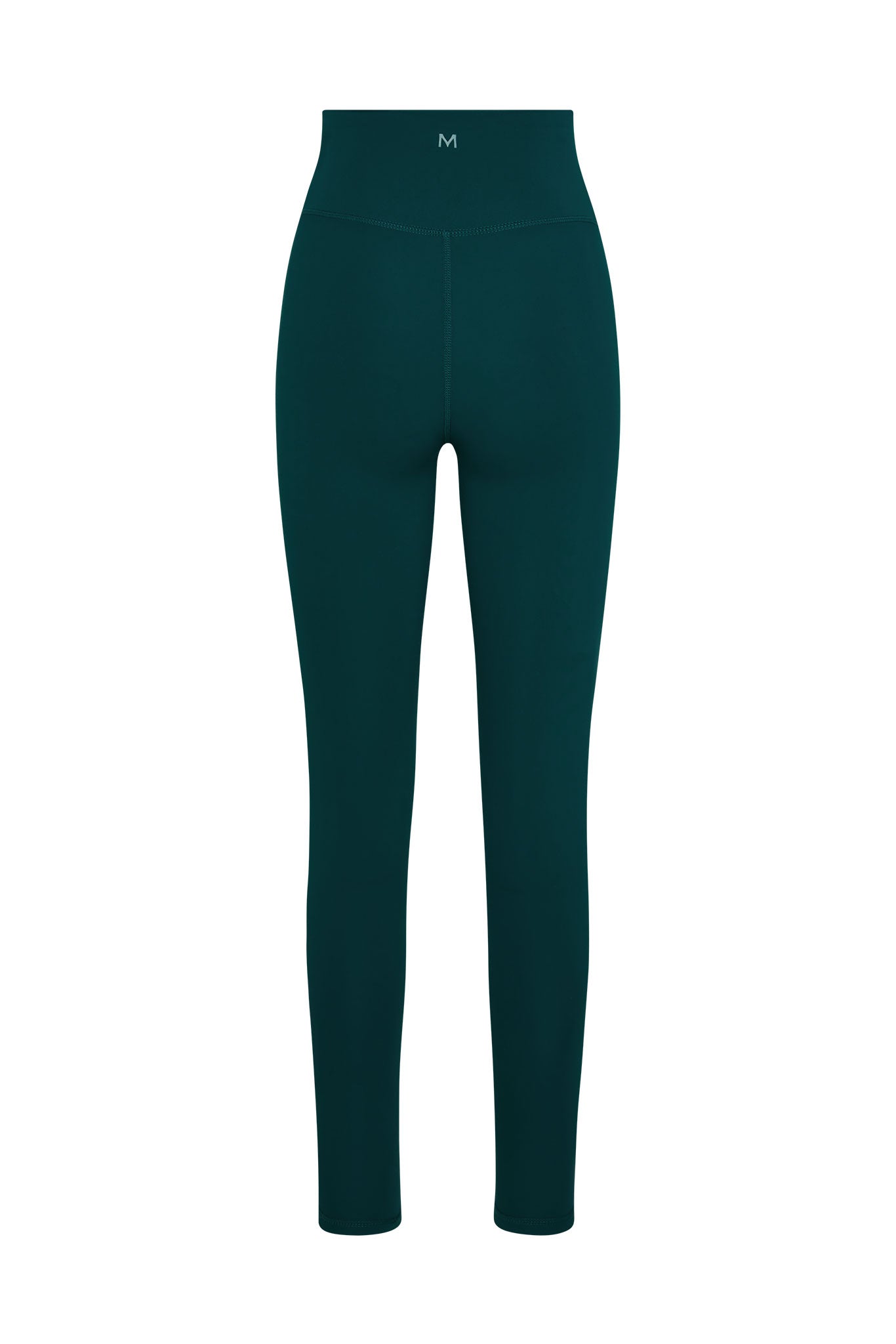 High-waist teal full-length leggings with small M logo on front waistband.