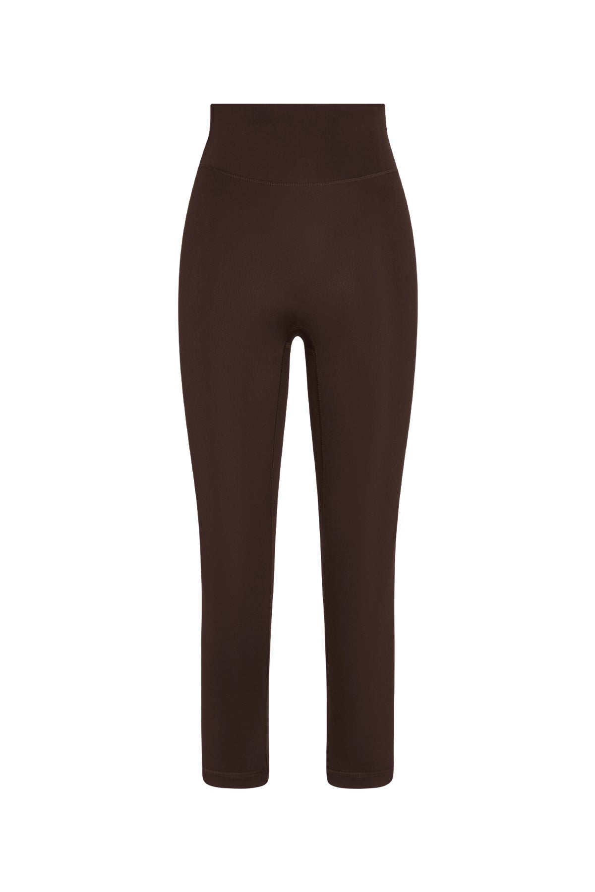 Front view of Acadia Legging Cropped in Espresso showcasing high waist and cropped length with a white background