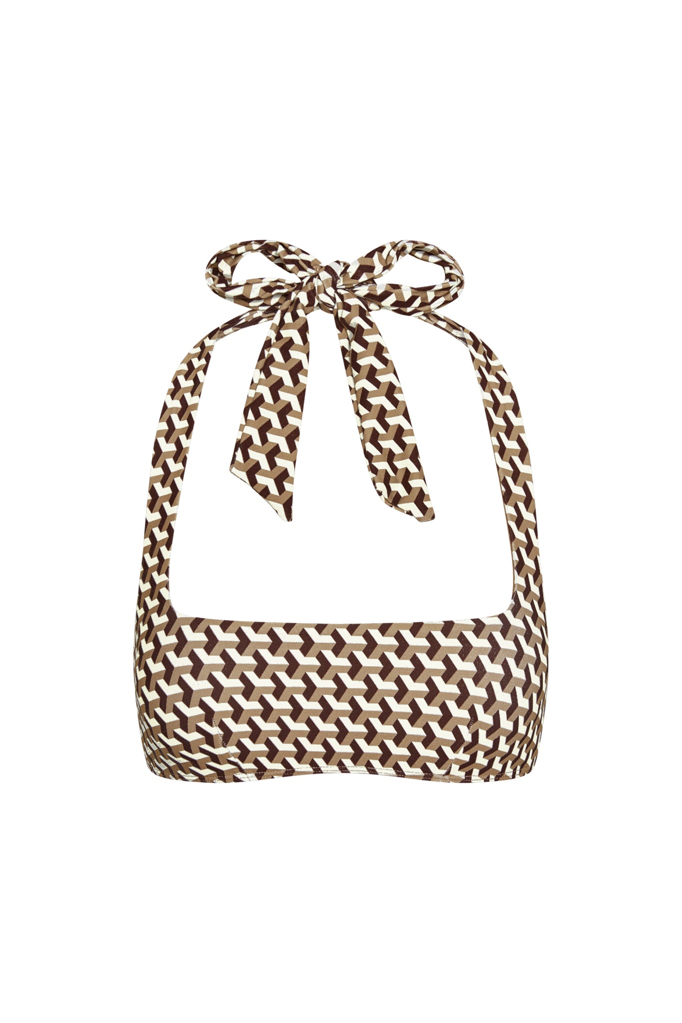 Front close-up of Amalfi Top in Husk Geo showing square neckline and tied halter strap in brown geometric print on white background