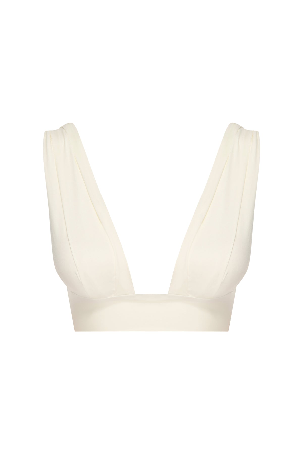 Front view of Aruba Top in ivory showcasing pleated cups, wide straps, and underbust band on white background