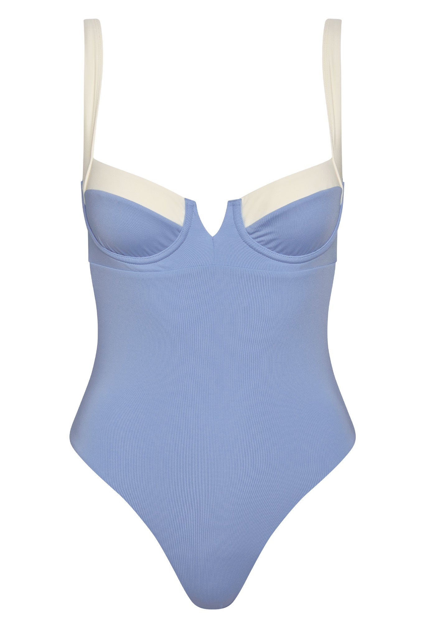 Periwinkle ribbed one-piece swimsuit with underwire cups and cream-colored straps.