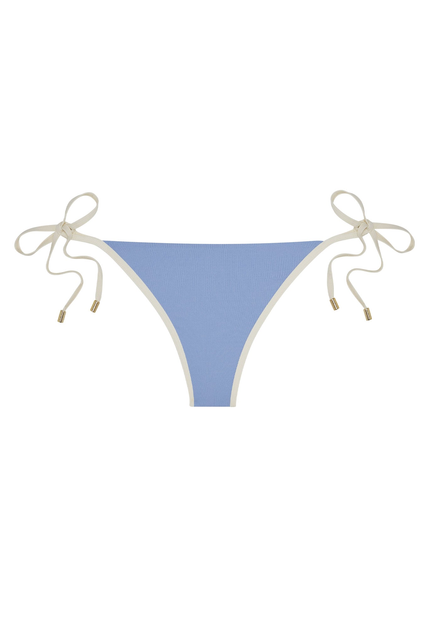 Light blue ribbed bikini bottom with cream trim and side tie strings with gold metal tips