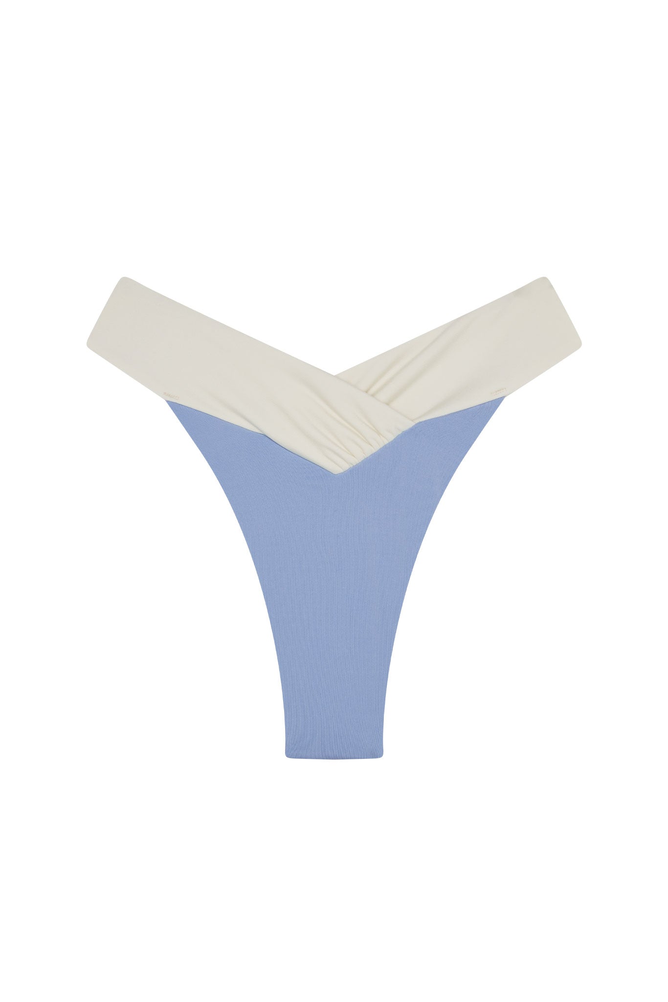 High-leg thong with V-cut blue ribbed front and cream crossover waistband.