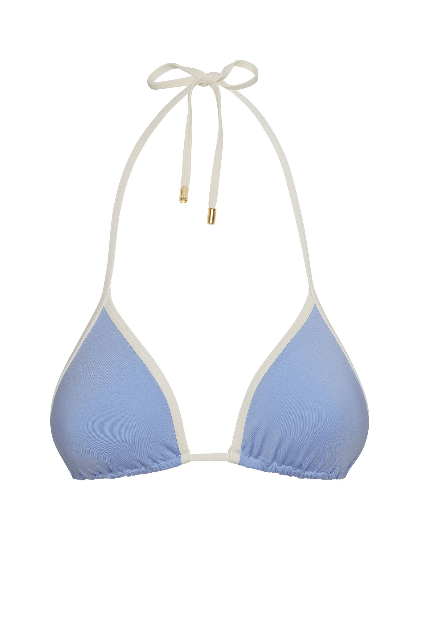 Light-blue triangle bikini top with white trim and halter ties finished with small gold tips
