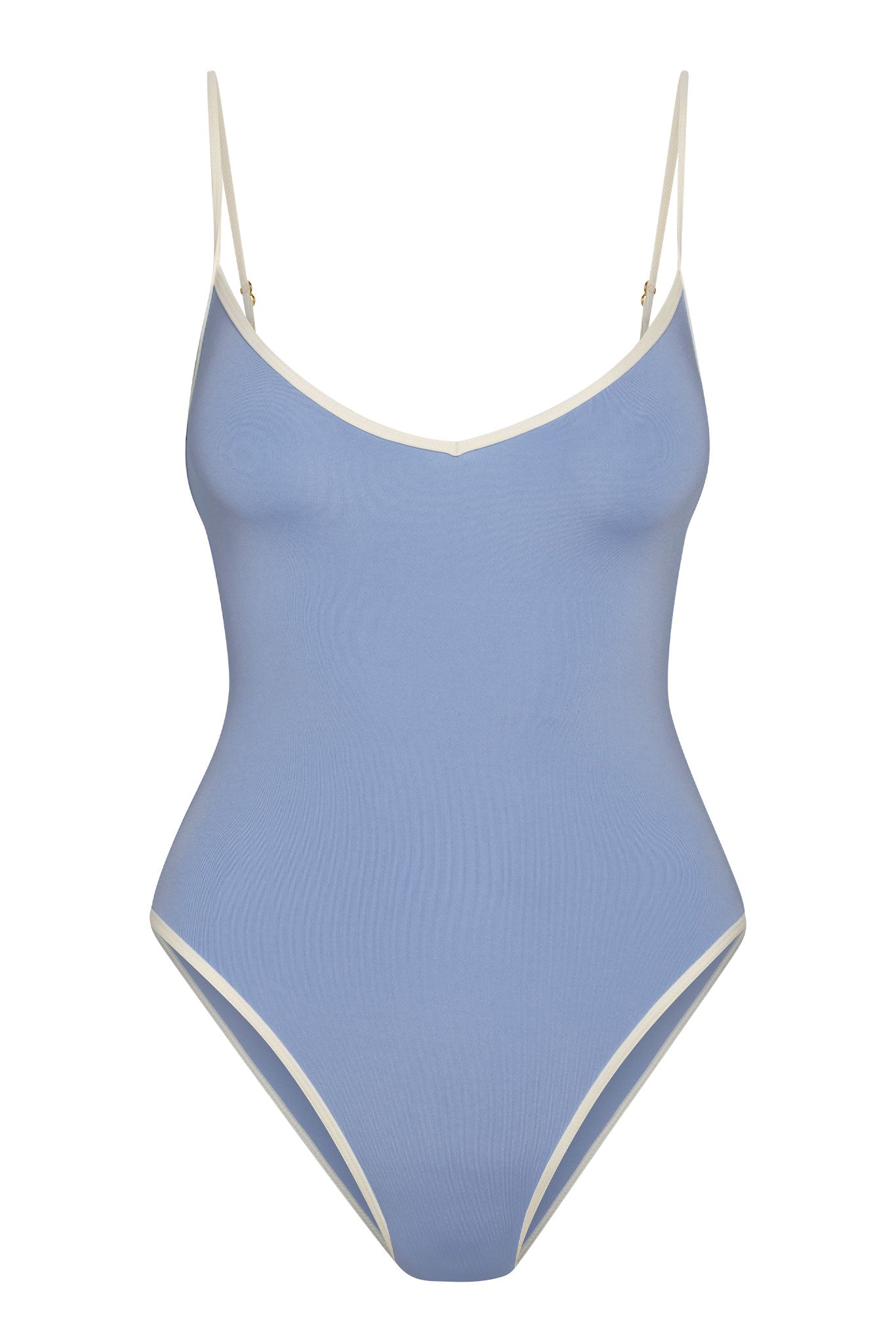 Periwinkle-blue one-piece swimsuit with cream trim and adjustable spaghetti straps.