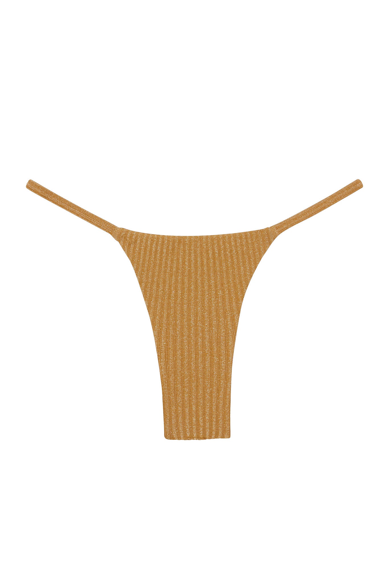 Ribbed gold-brown high-cut thong bikini bottom on white background