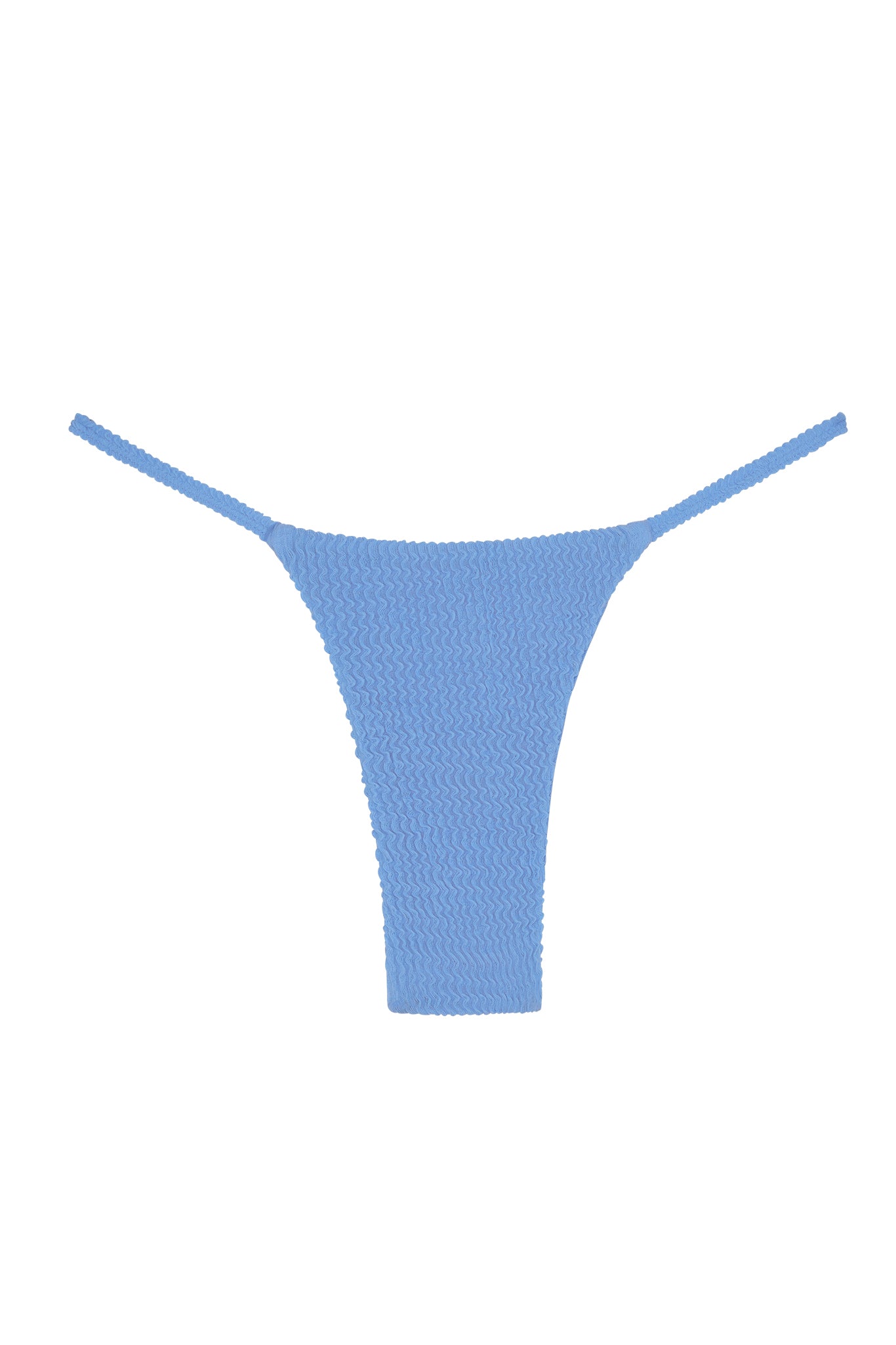 Light blue textured bikini thong bottom with thin side straps on white background