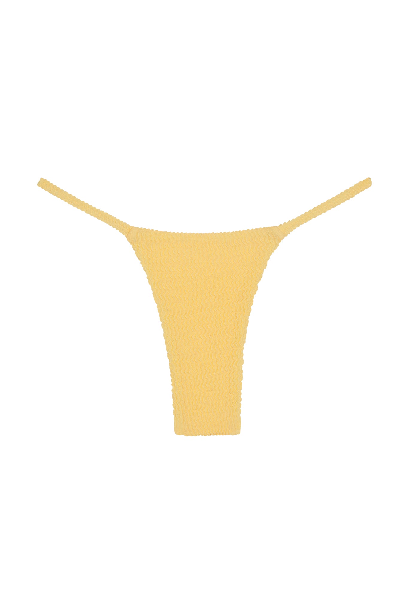 Yellow textured bikini thong bottom with thin side straps on white background